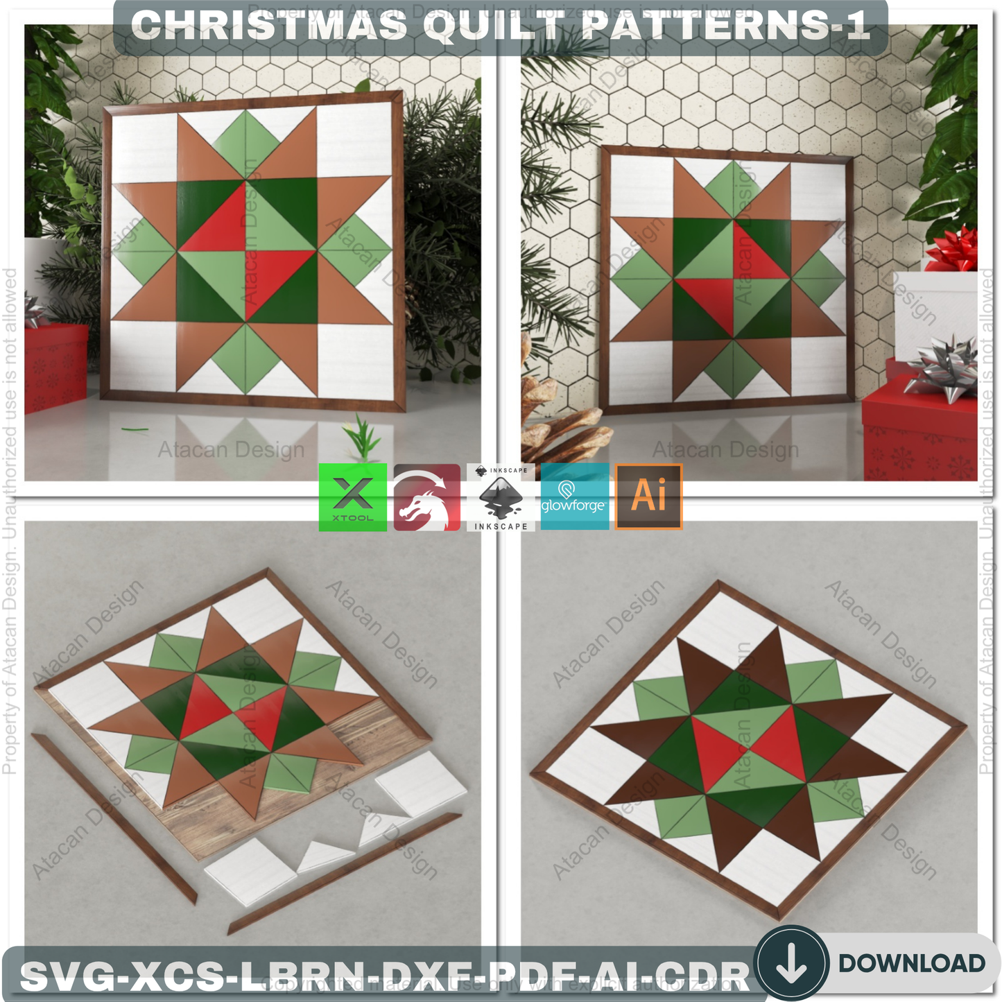 DIY Christmas Wall Art SVG, Festive Barn Quilt Pattern Collection, Laser Cut Files for Farmhouse Holiday Decor & Signs