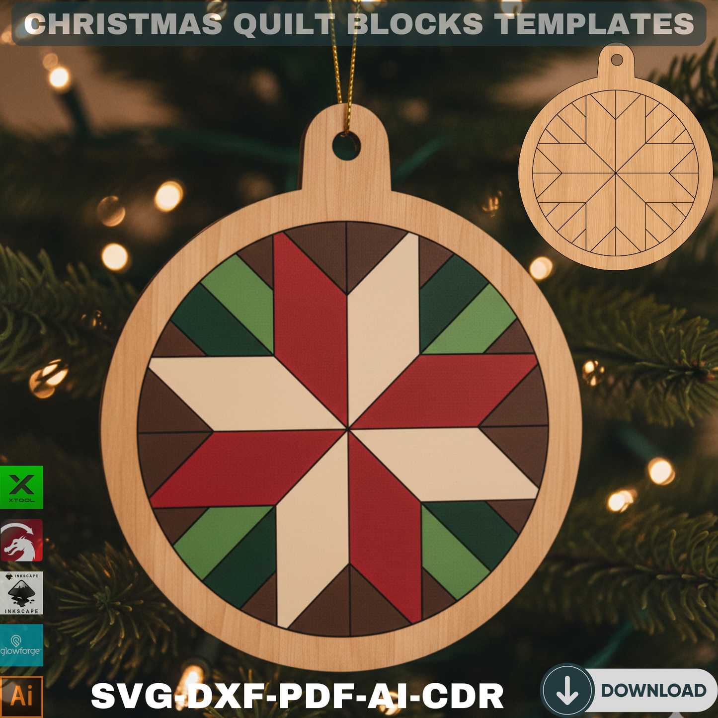 Quilt Pattern Christmas Tree Ornaments – Unique Laser Cut Holiday Decor 731