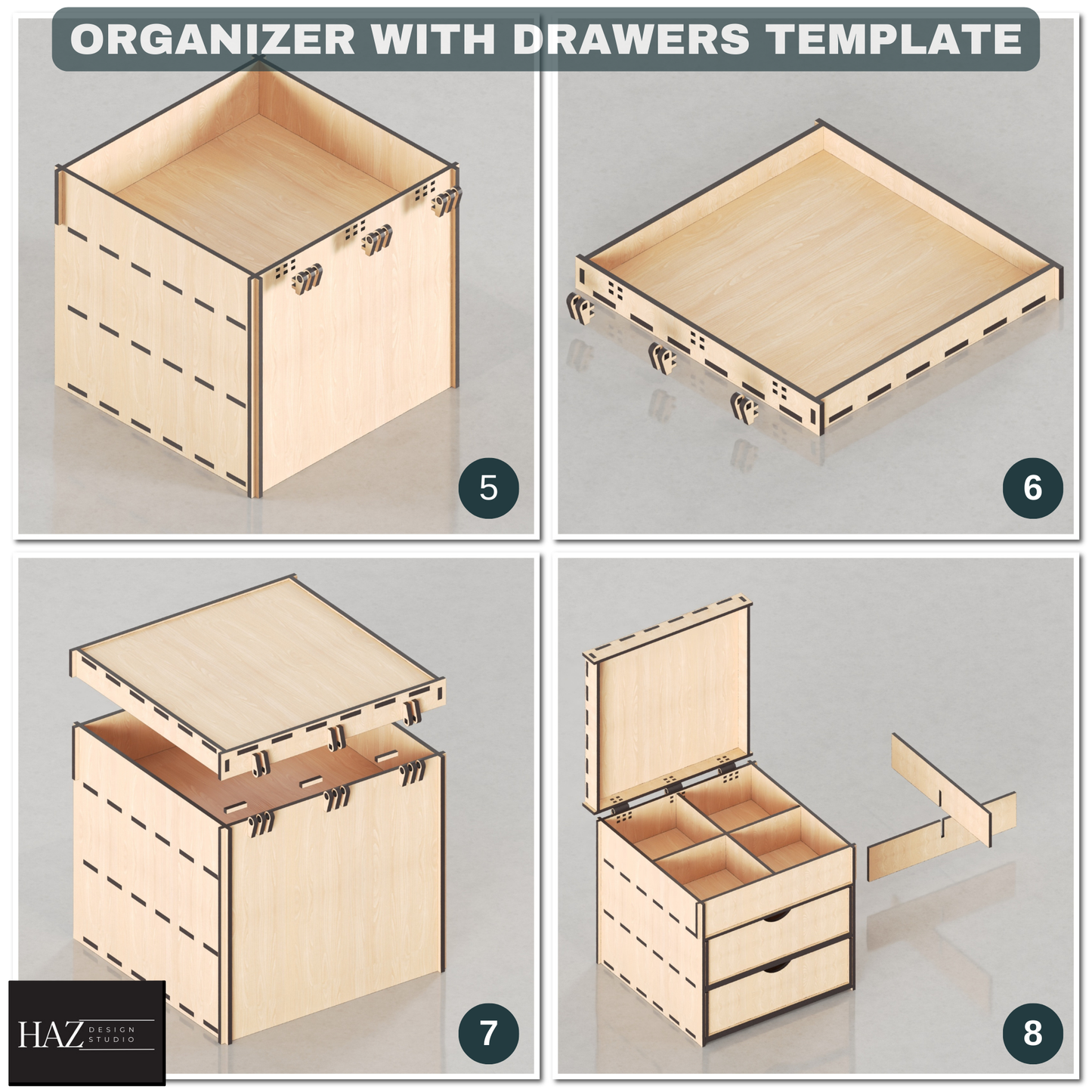 Laser Cut Organizer Box Plan with Drawers. Wooden Jewelry or Desk Storage Design 444