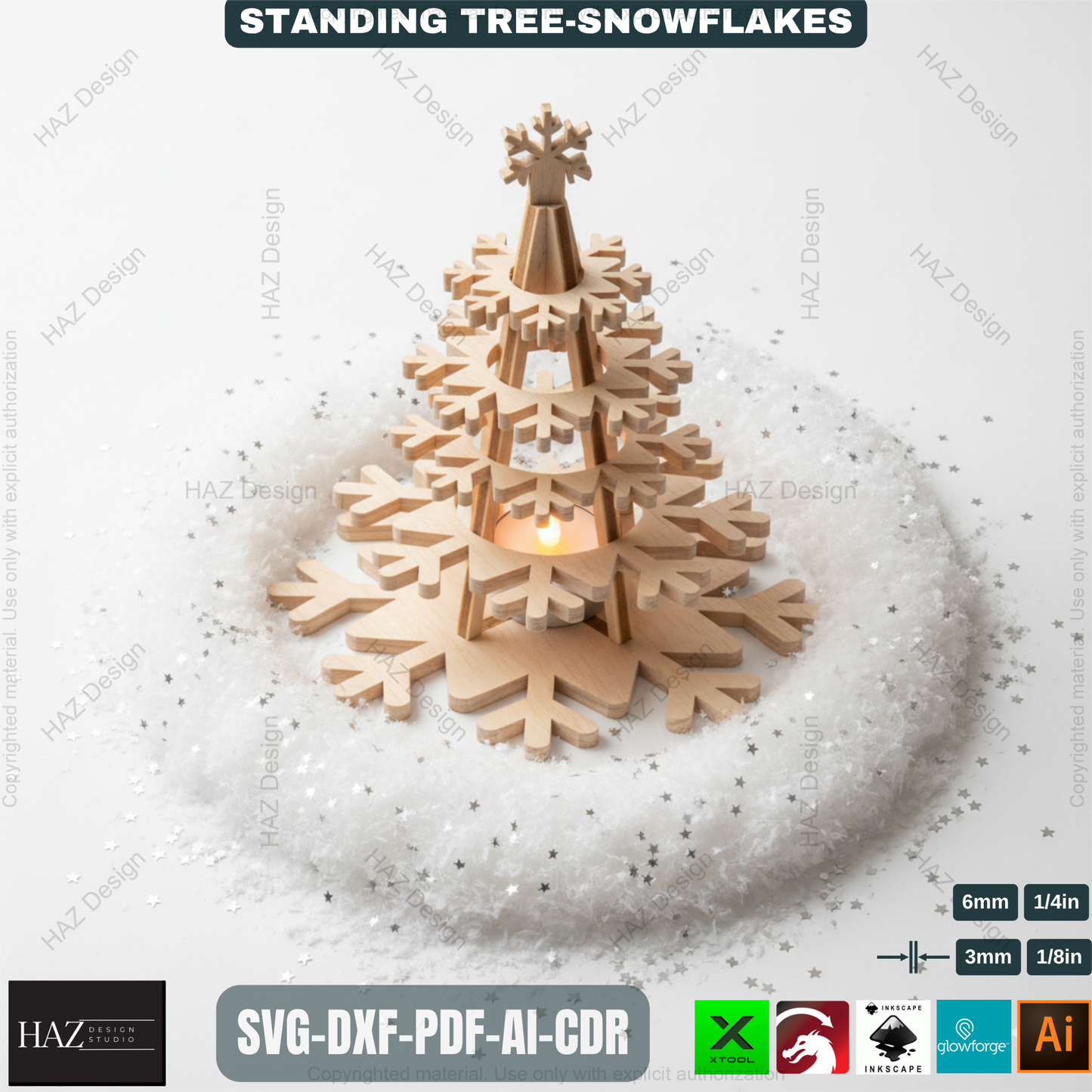 Wooden Snowflake Christmas Tree Light Decor Template Set Laser Cut Files for Holiday Table Centerpiece and Gift Craft 490