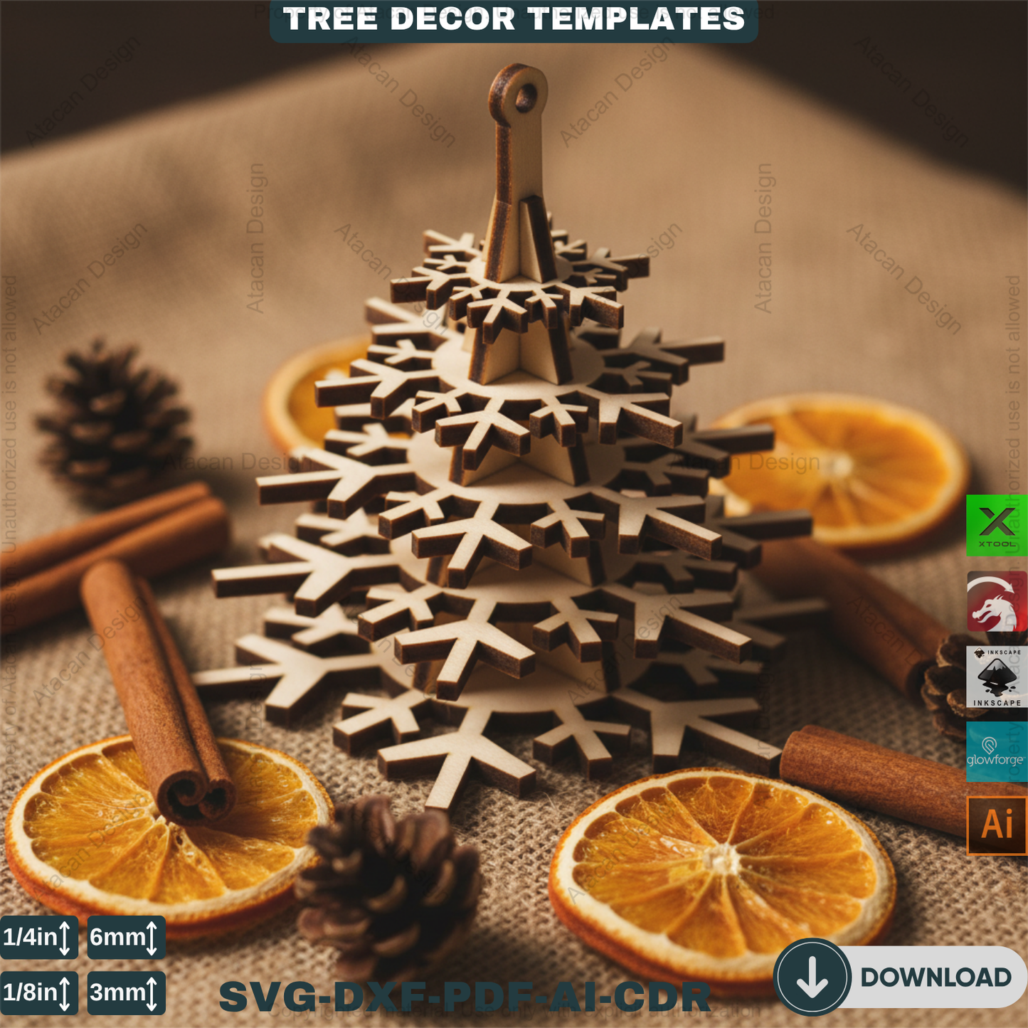 3D Christmas Tree Laser Cut File, Rustic Snowflake Holiday Decor, DIY Winter Tabletop Centerpiece for Glowforge & xTool 908