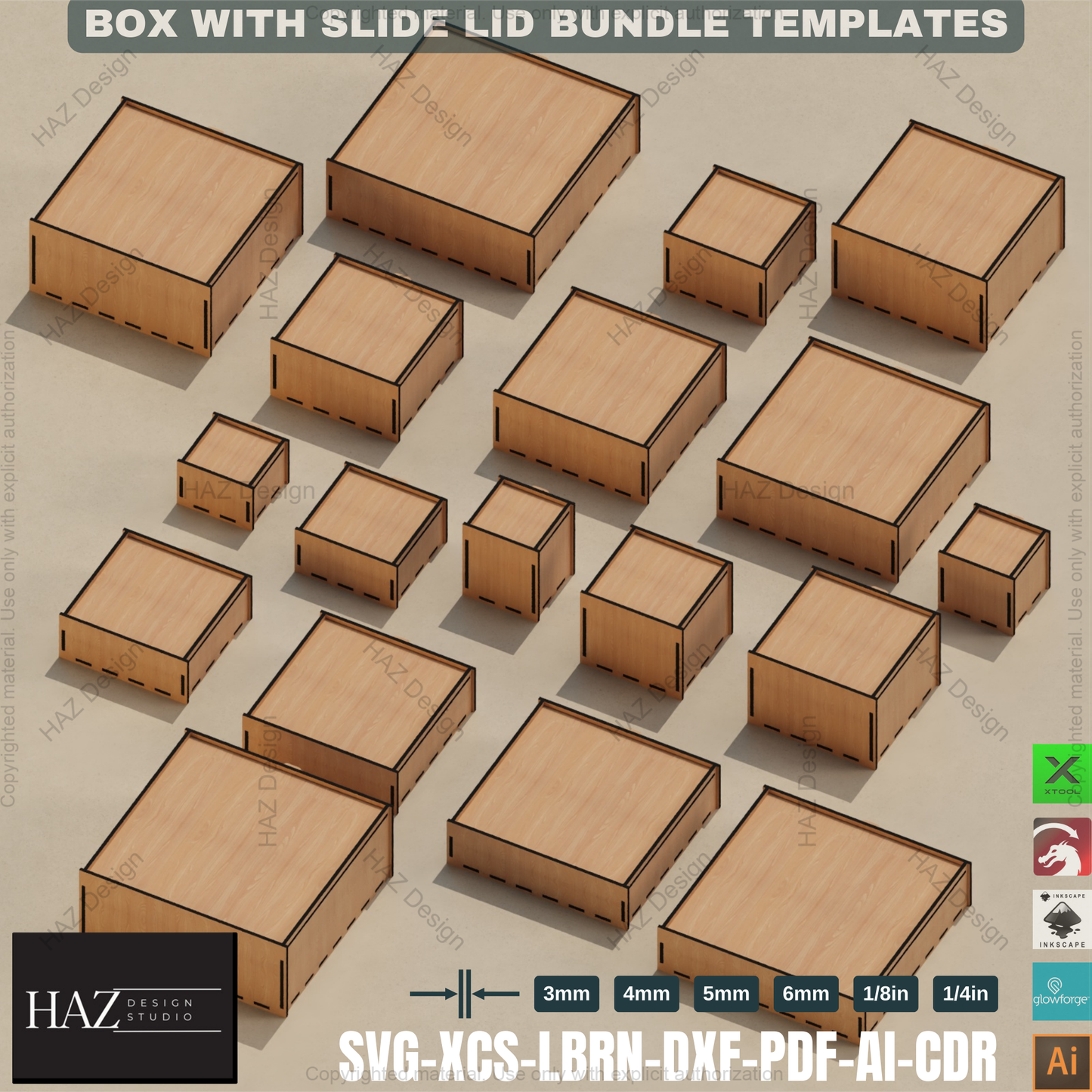 18 Size Slide Lid Box: Laser Templates,Laser Cut Box Set: Multiple Sizes, Slide Lid 415
