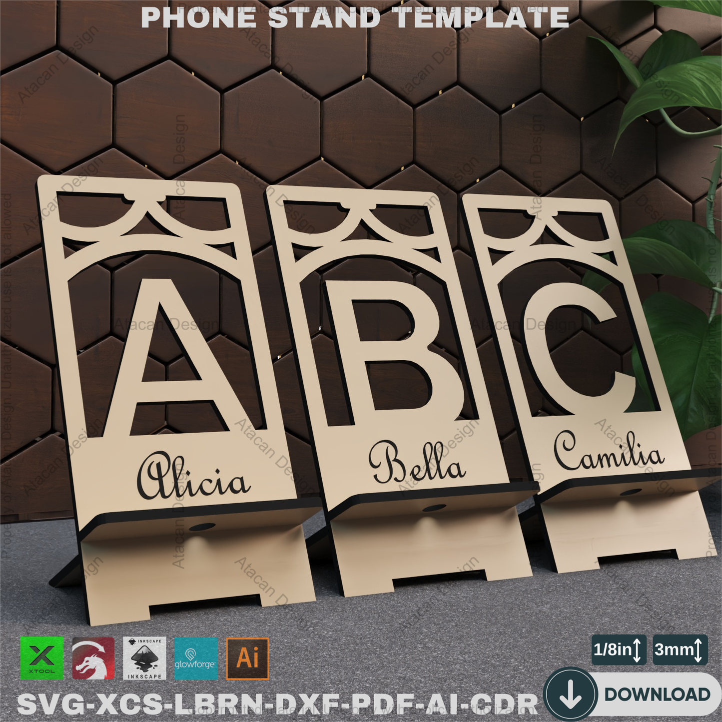 Laser Cut Phone Holder - 26 Letter Designs, Phone Stand SVG Files,Personalized Phone Stand - Laser Cutting Files, Alphabet Designs 867