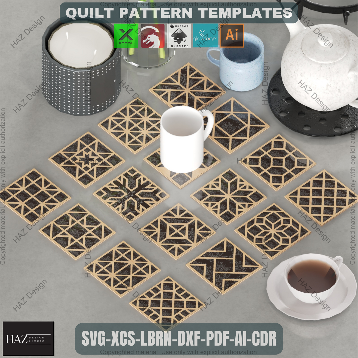 Geometric Quilt Block Craft Bundle • 16 Laser Cut Templates for Farmhouse Coasters • DIY Wood Wall Art & Home Decor Projects 463
