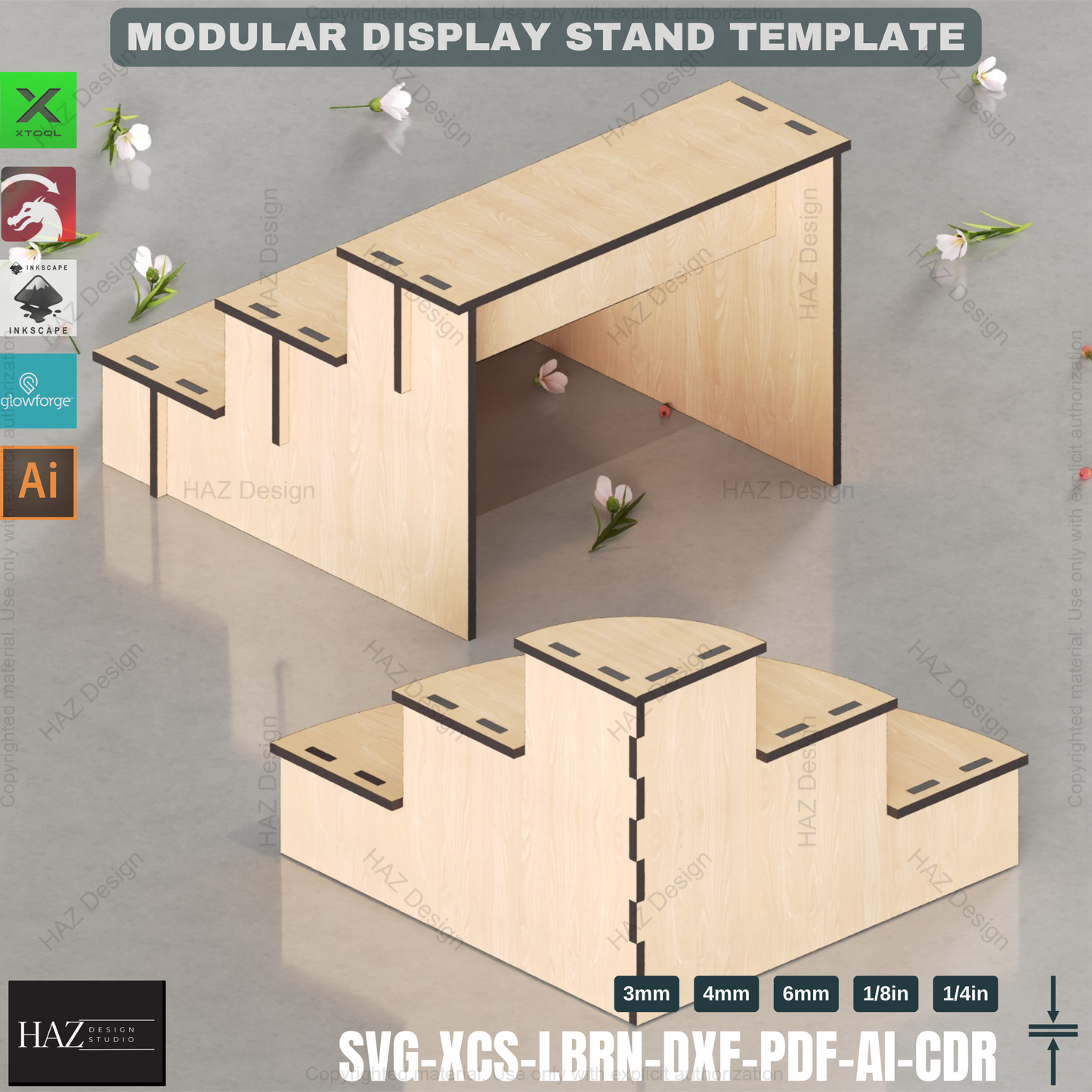 Laser Cut Multi-Purpose Display Stand - Retail Shelf, Plant Stand SVG Template,3-Tier Modular Display Stand 423