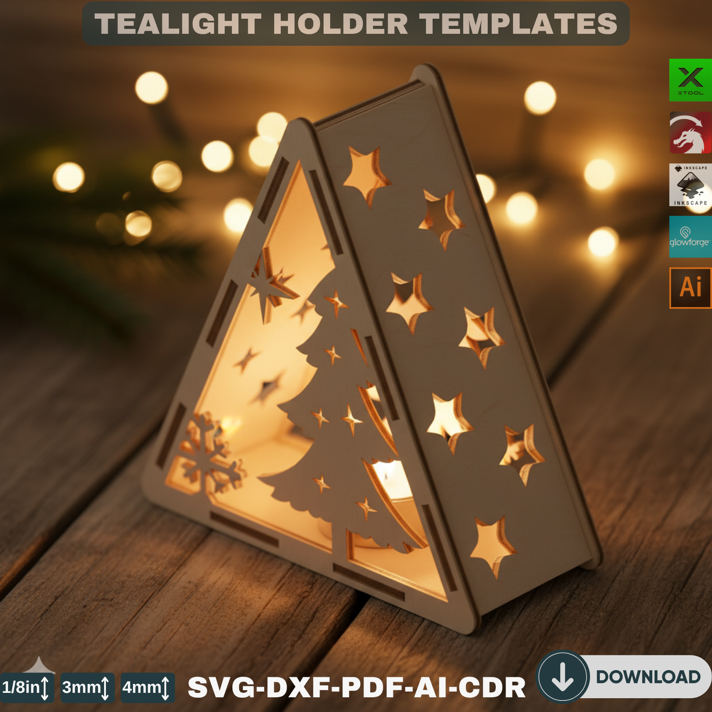 Christmas Pyramid Candle Holders - Tealight Laser Cut Lamp Designs for Night Light Decoration 778