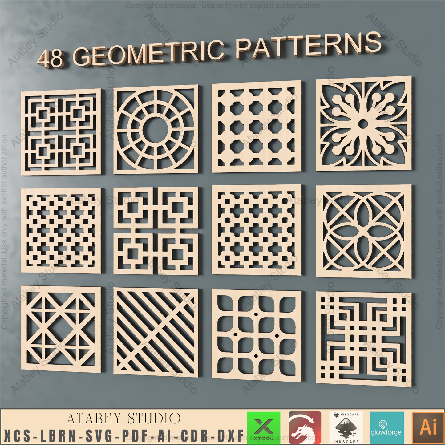 Laser Cut Design Pack: 48 Geometric Patterns | Decor, Coasters & Panel Files,Decorative Vector Art Bundle | 48 Square & Circle Laser Cut Templates 940