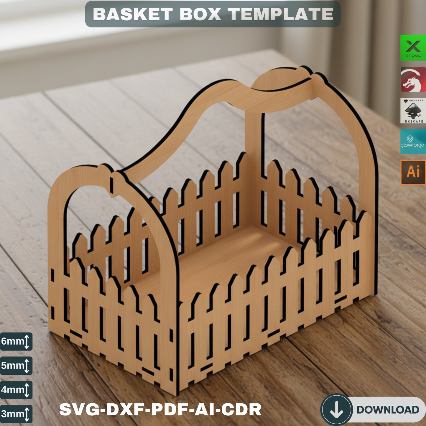 Laser Cut Picket Fence Basket Box SVG Template for Candy & Flower Gifts - Digital File Downloads 129