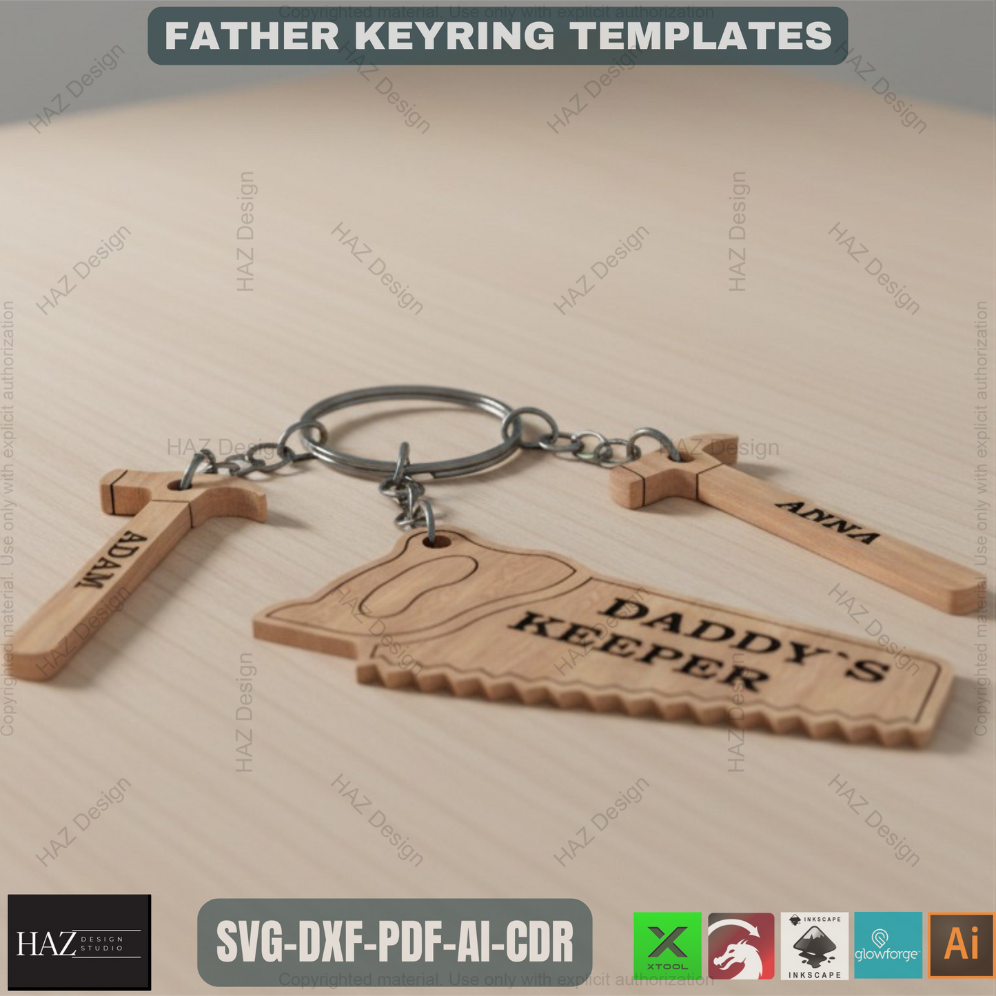 Fathers day Key chain Daddys keeper SAW HAMMER SVG laser cut file / Mallet best father's day gift keyring cut plan 335