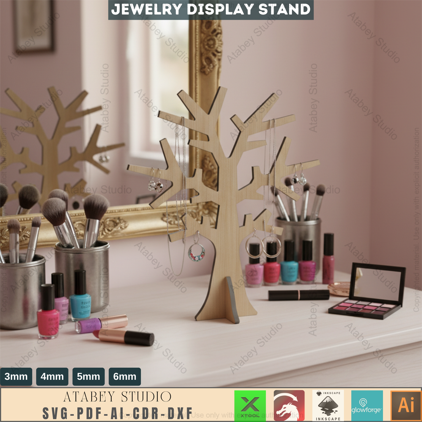 Wooden Jewellery Tree Earring Holder / Standing Trees / Tree Stand Organiser Glowforge SVG DXF Ai CDR Pdf 278