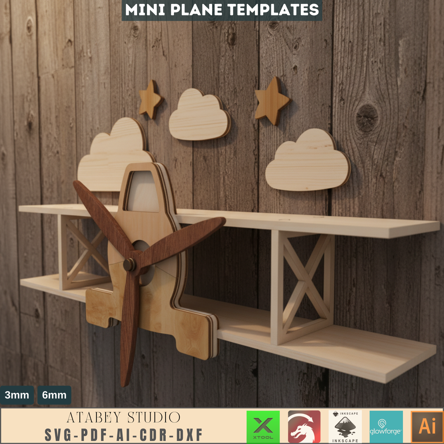 Biplane Wall Shelf - Laser Cut Plan for Wooden Aircraft Shelf - DIY Kids Room Decor 692