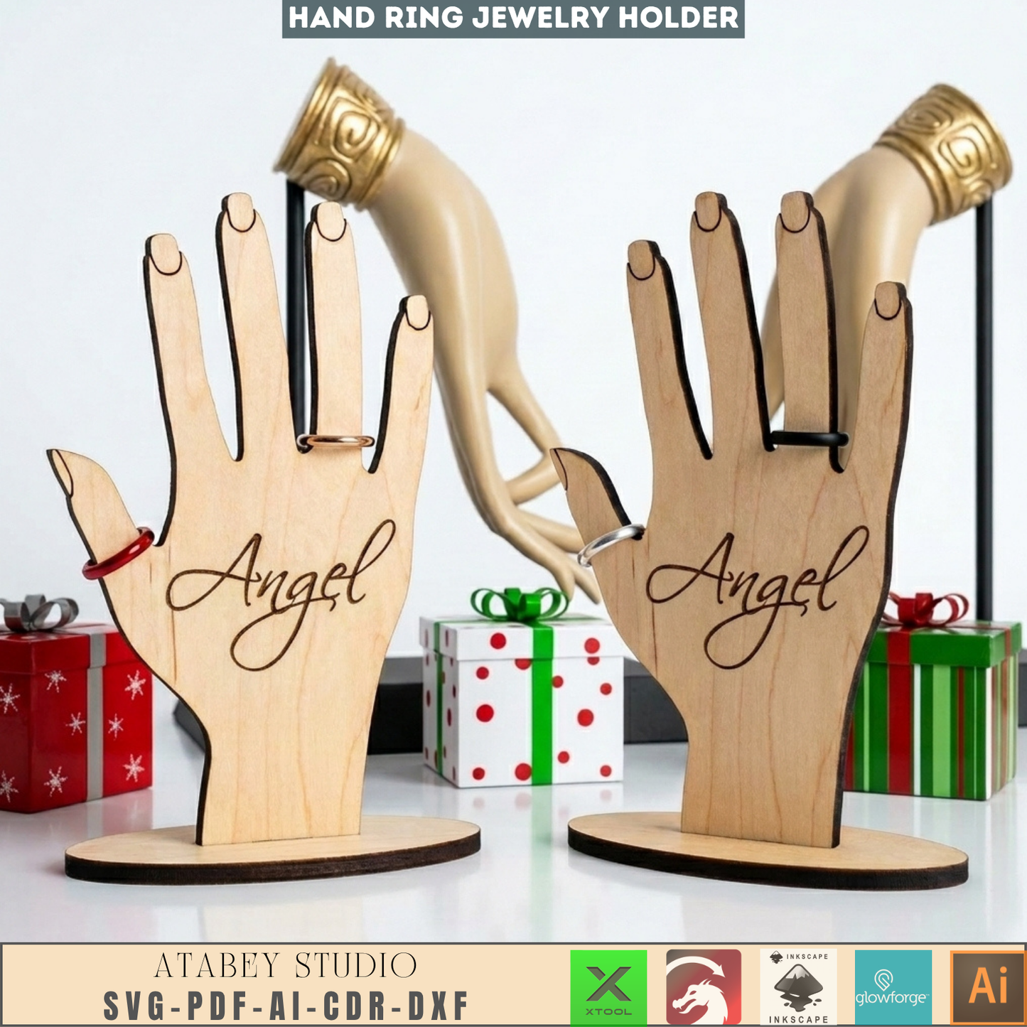 Hand Shaped Ring Holder - Laser Cut Jewelry Display - Wooden Bracelet and Earring Organizer