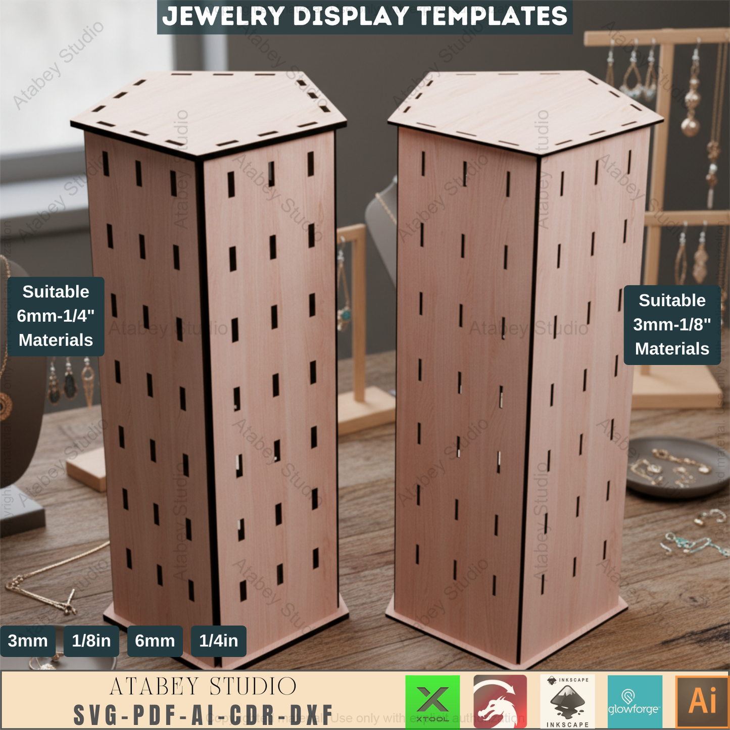 Pentagon Earring Display / Pendant Jewelry Holder Stand / Necklace Ring Holders / Keychain Organiser / Laser Cut Files SVG, DXF, CDR 550
