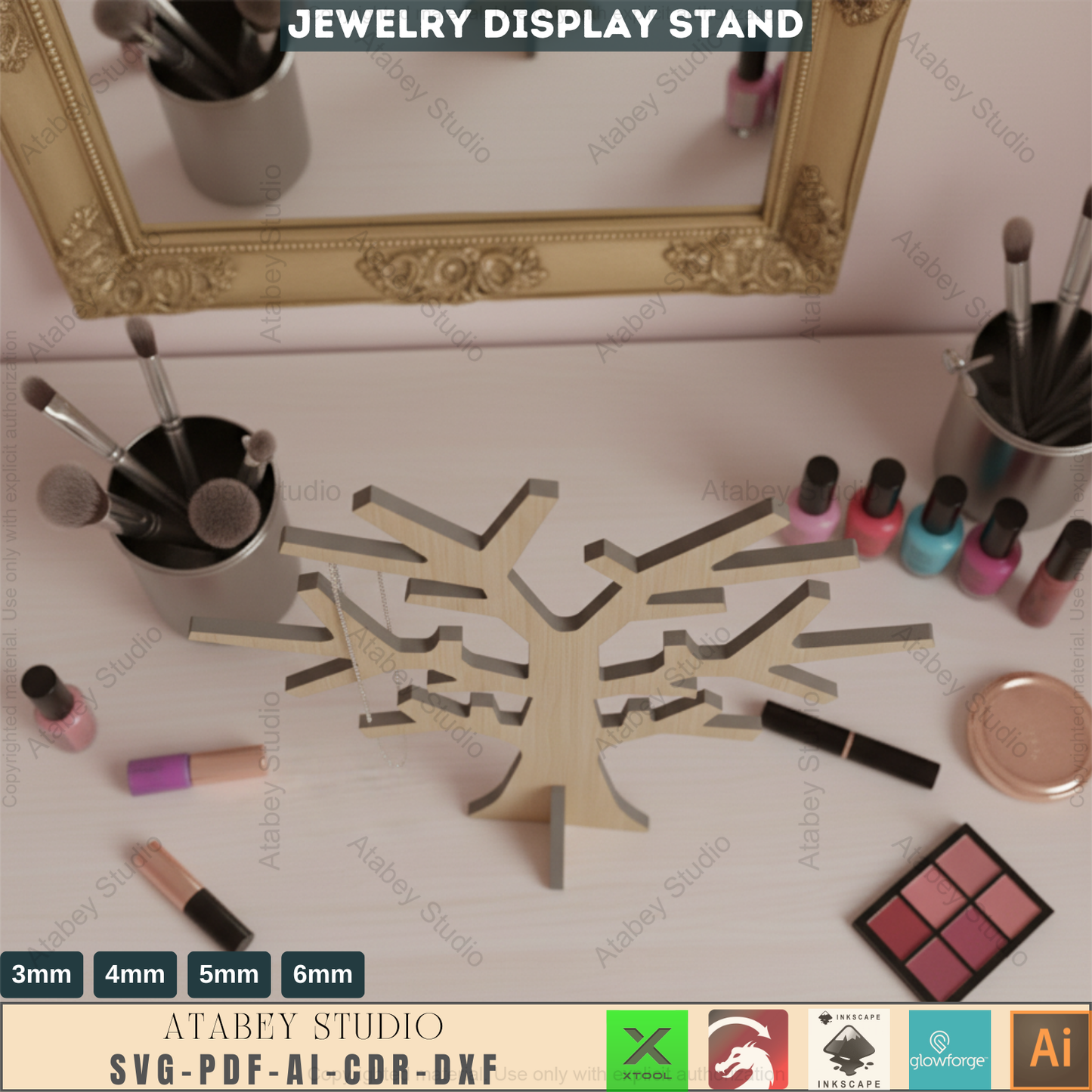 Wooden Jewellery Tree Earring Holder / Standing Trees / Tree Stand Organiser Glowforge SVG DXF Ai CDR Pdf 278