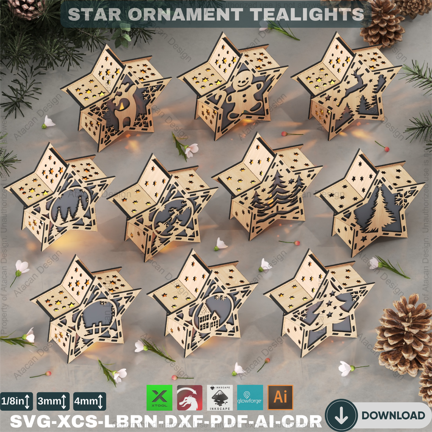 3D Star Night Light: Laser Ready Files, Candle Holder Pattern,10 design Christmas Star Table Lamp: Laser Cut Lantern, Holiday Decor 877