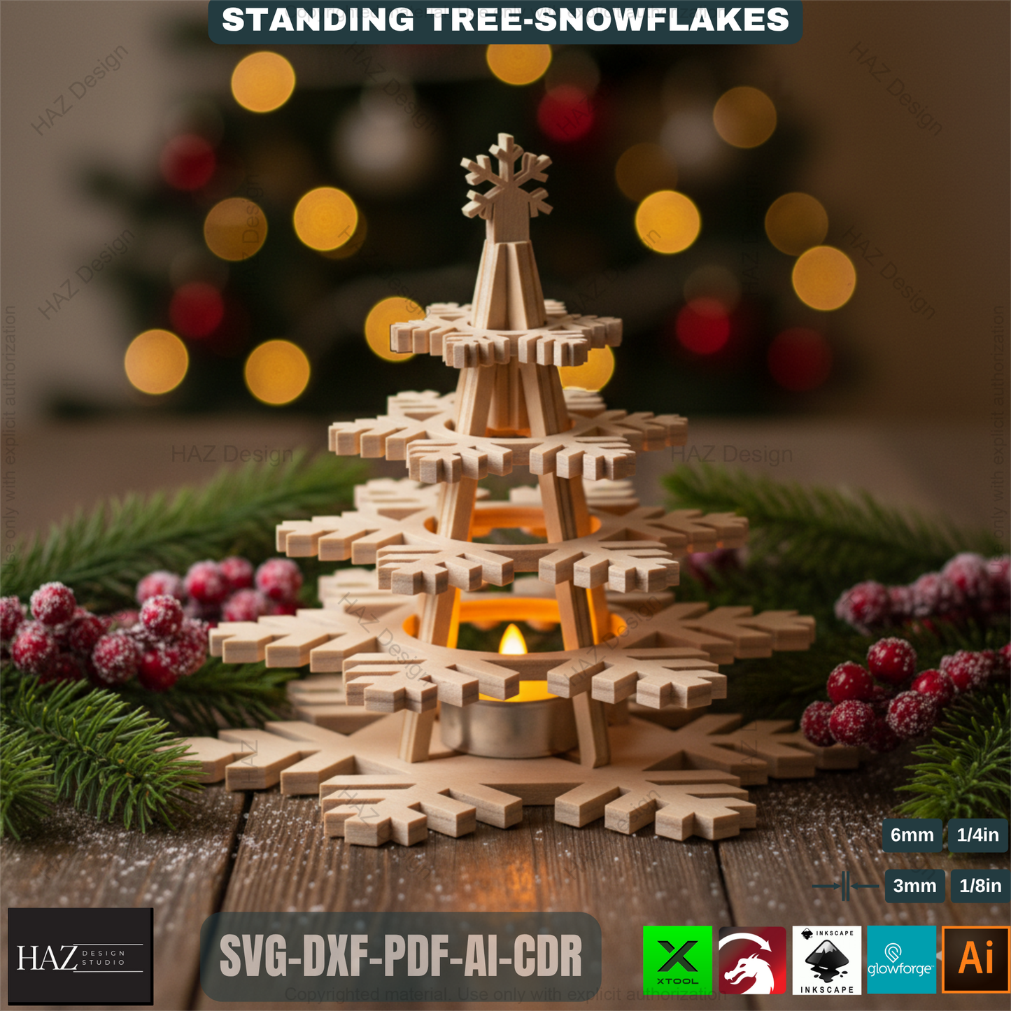 Wooden Snowflake Christmas Tree Light Decor Template Set Laser Cut Files for Holiday Table Centerpiece and Gift Craft 490