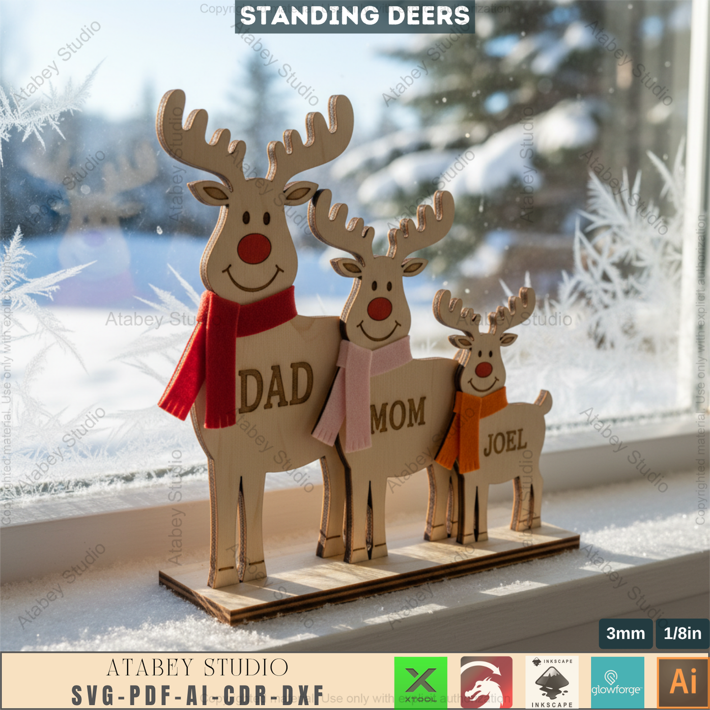 Personalized Reindeer Family Laser Cut Design, Freestanding Christmas Deer Decor, Custom Name Tabletop Sign 970