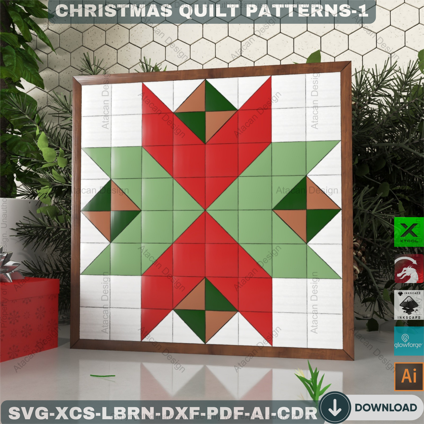 DIY Christmas Wall Art SVG, Festive Barn Quilt Pattern Collection, Laser Cut Files for Farmhouse Holiday Decor & Signs