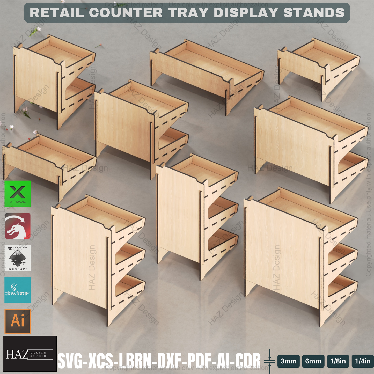Laser Cut Curved Back Counter Tray Set | Multi-Size Tiered Display Stands | Retail & Market Files 441