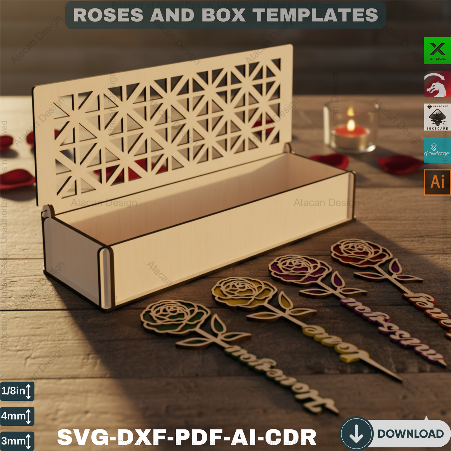 Rose Box Laser Cut Design - Perfect Valentine’s Day Gift - Elegant Wooden Flower Art,Romantic Rose Box Design,Laser Cut Rose Box 816