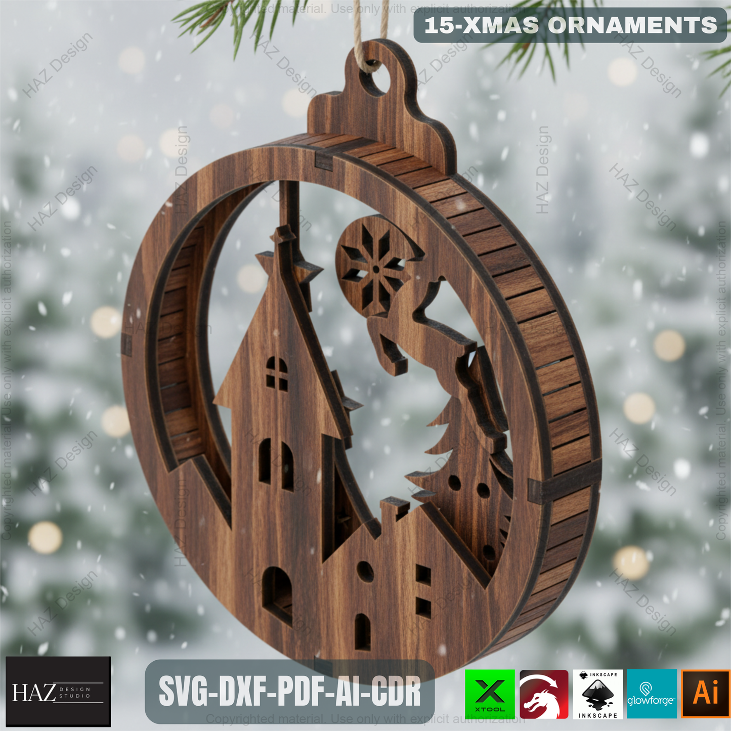 15 Layered Christmas Ornament Laser Cut Designs | Round Xmas Pendant Templates for DIY Holiday Decoration 486