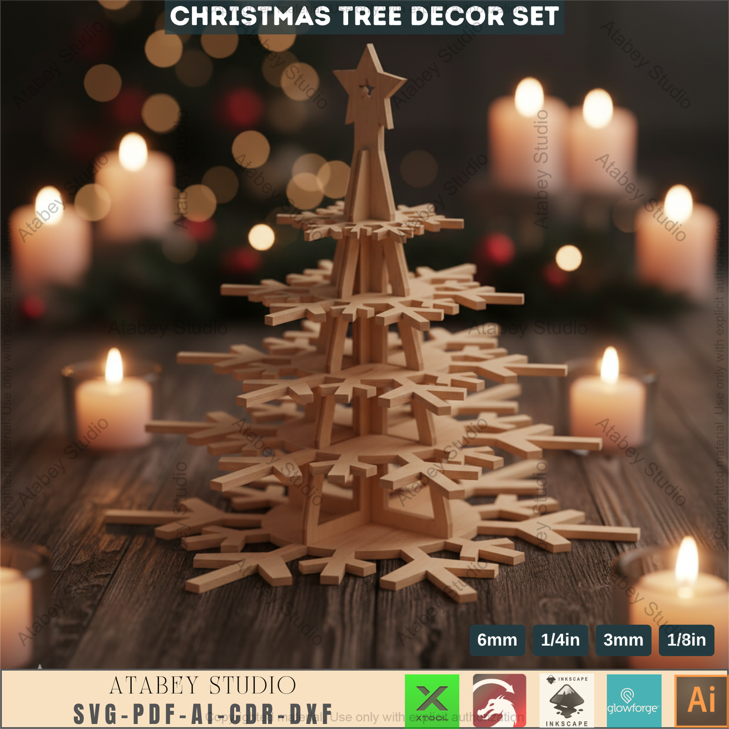 3D Christmas Snowflake Tree Decor Template for Laser Cutting | Standing Holiday Ornament Design for Glowforge, xTool, Lightburn Machines 965