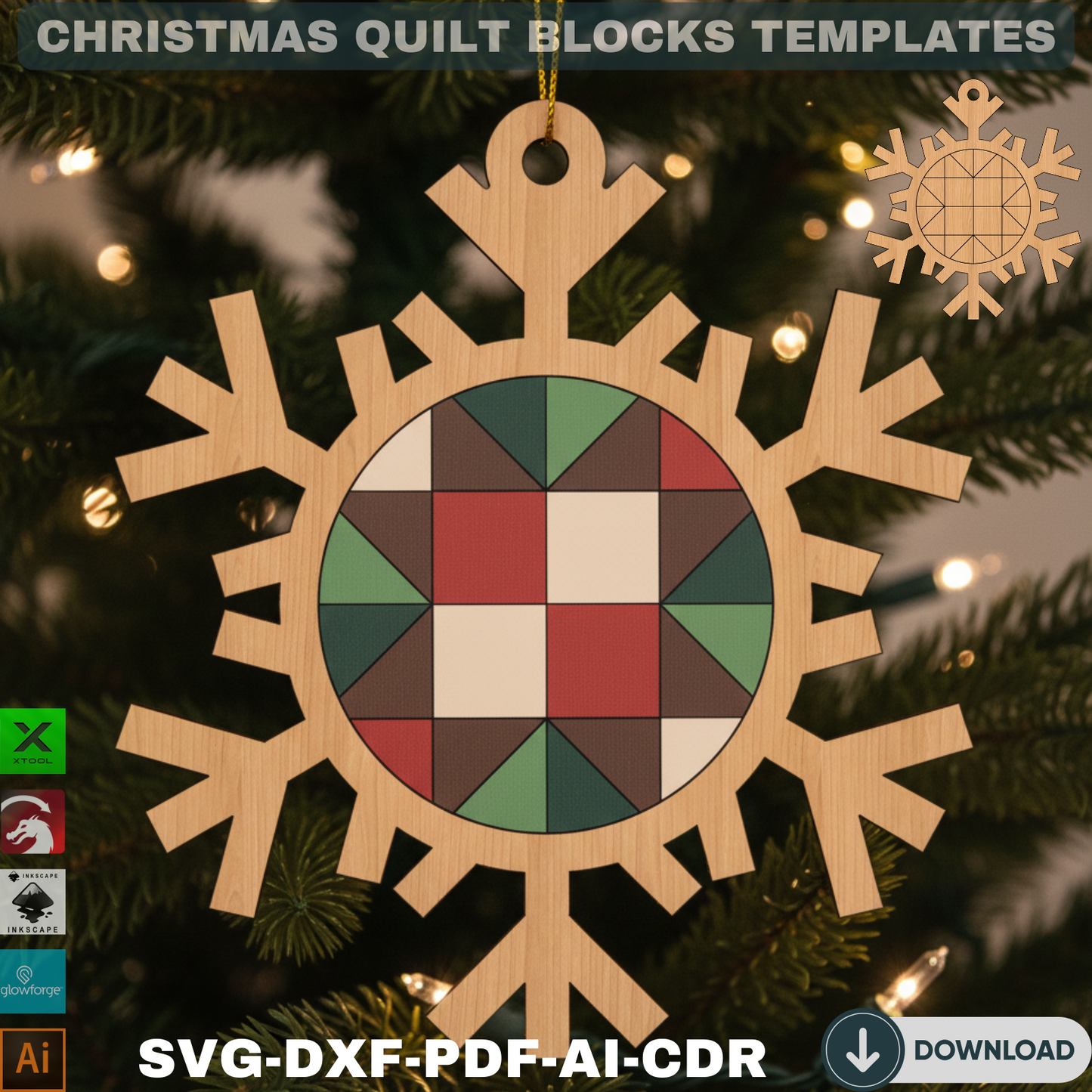 Quilt Pattern Christmas Tree Ornaments – Unique Laser Cut Holiday Decor 731