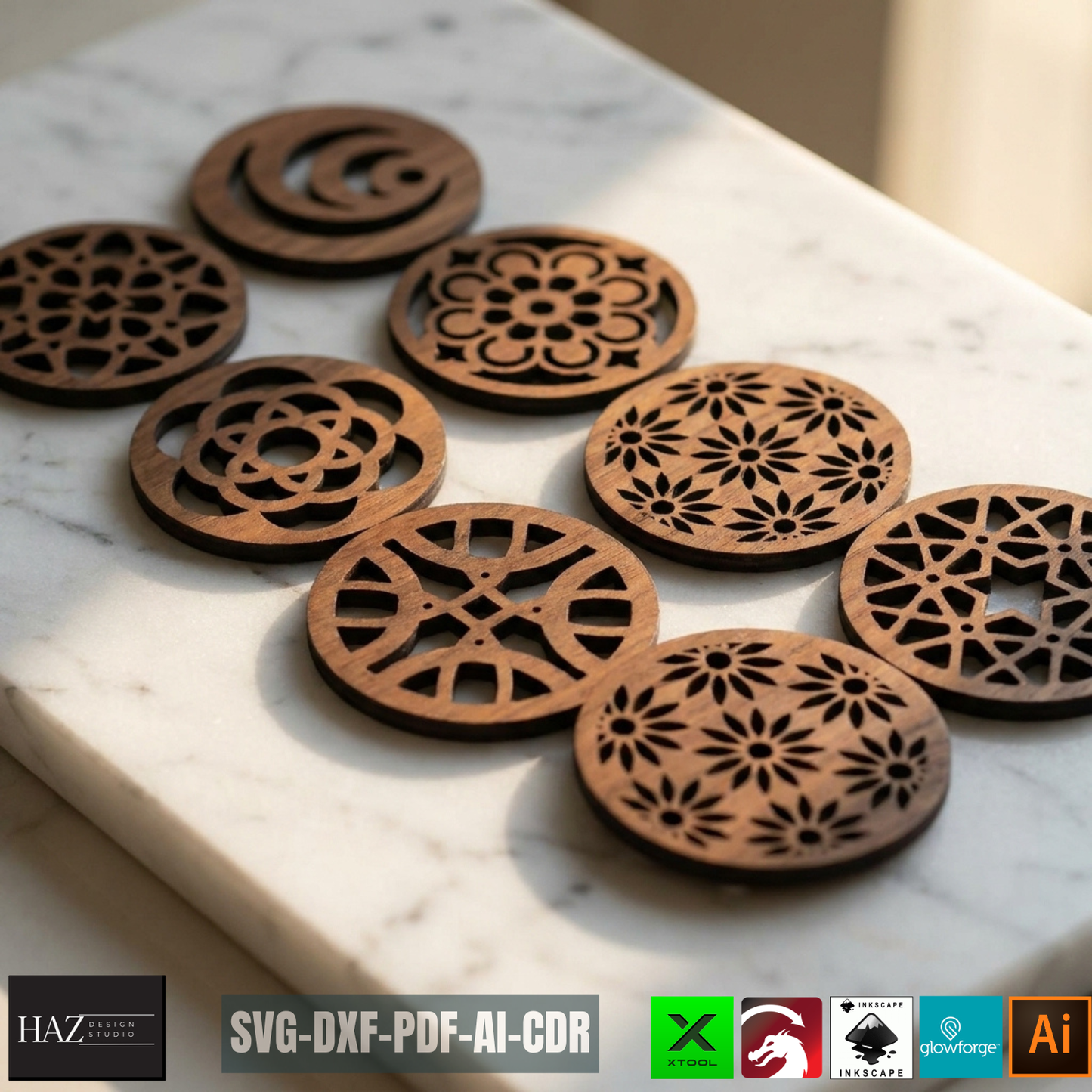 Round Coasters Laser Cut Template, Floral Wooden Drink Mat Pattern, Coaster Set Design