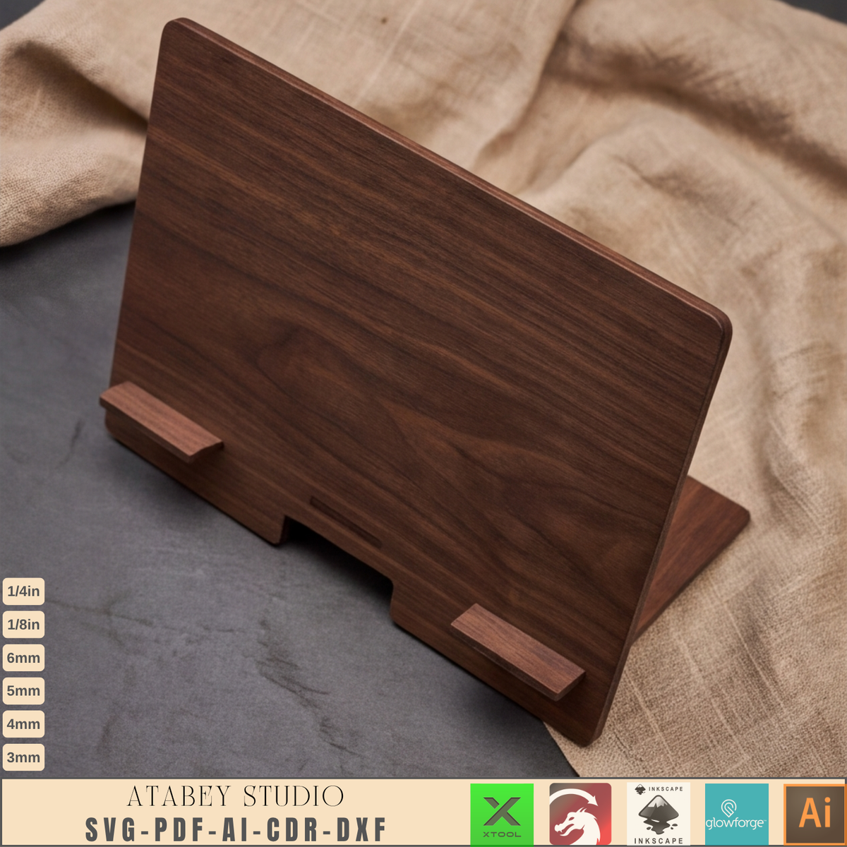 Laser Cut Tablet Stand Template, Plywood iPad Holder, Minimalist Wood Desk Display, Cookbook Stand 1031