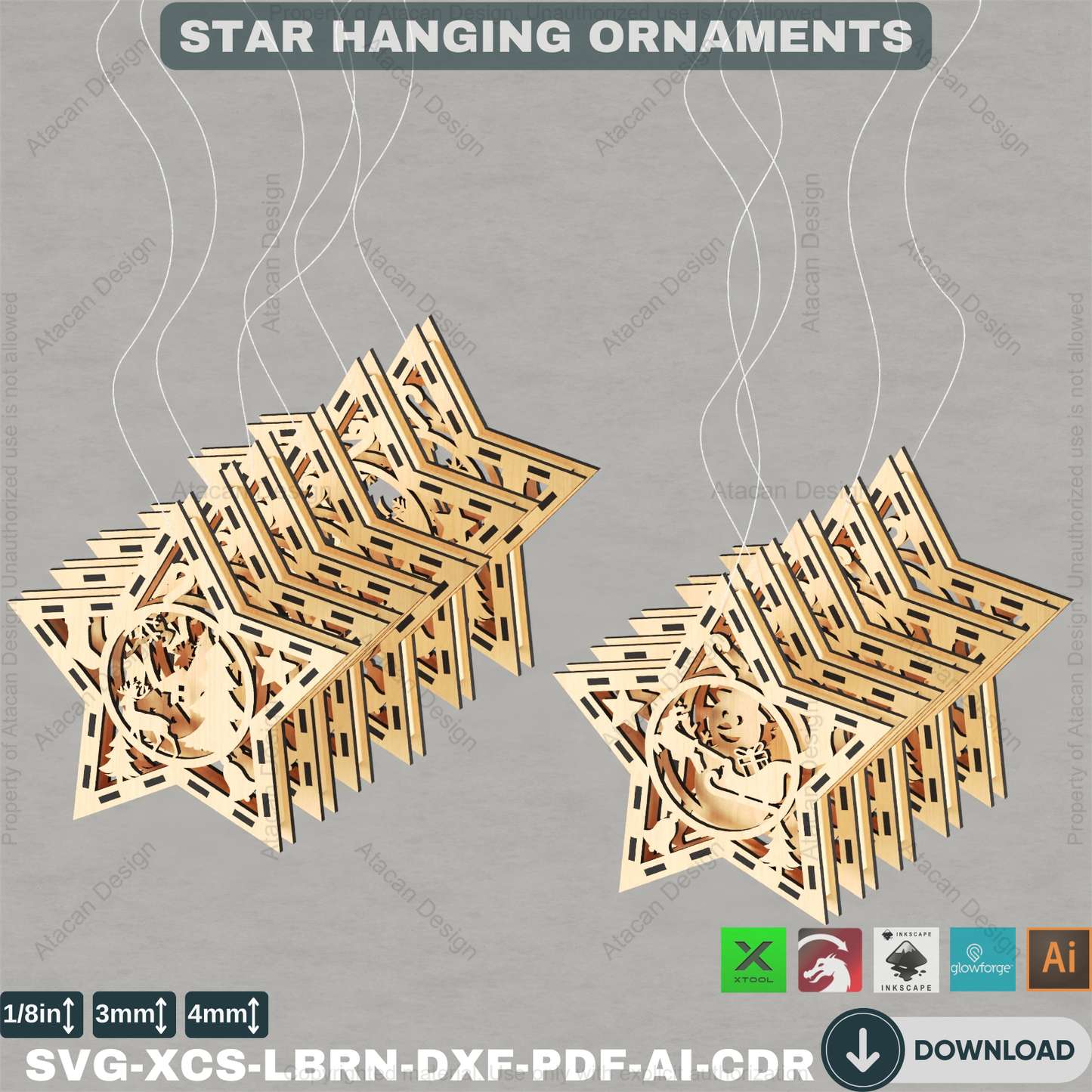 DIY Xmas Tree Stars: Laser Cut Designs for Holiday Decor, Set of 10,Holiday Star Ornament Bundle: Laser Cut Files, Festive Home Decor 876