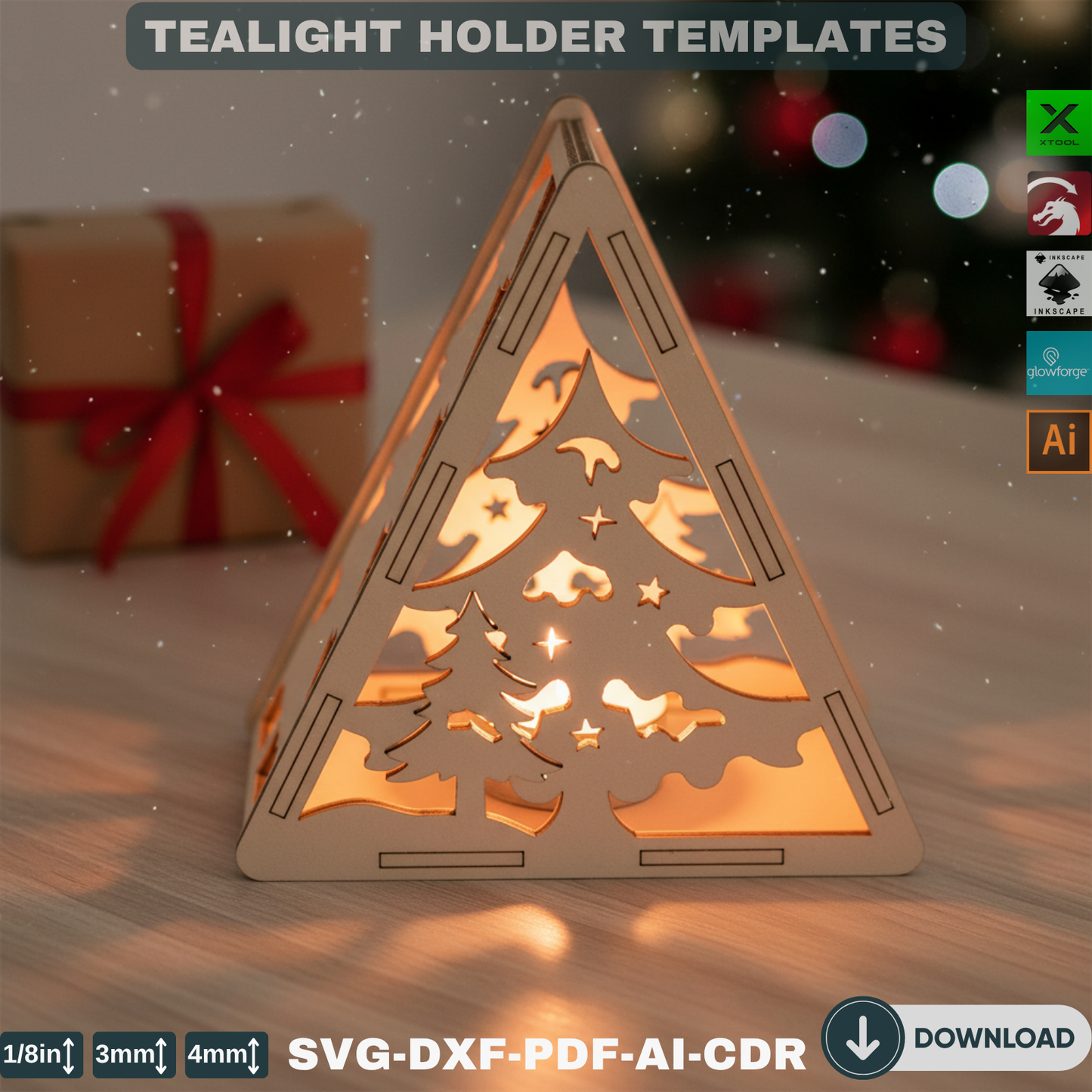 Christmas Pyramid Candle Holders - Tealight Laser Cut Lamp Designs for Night Light Decoration 778