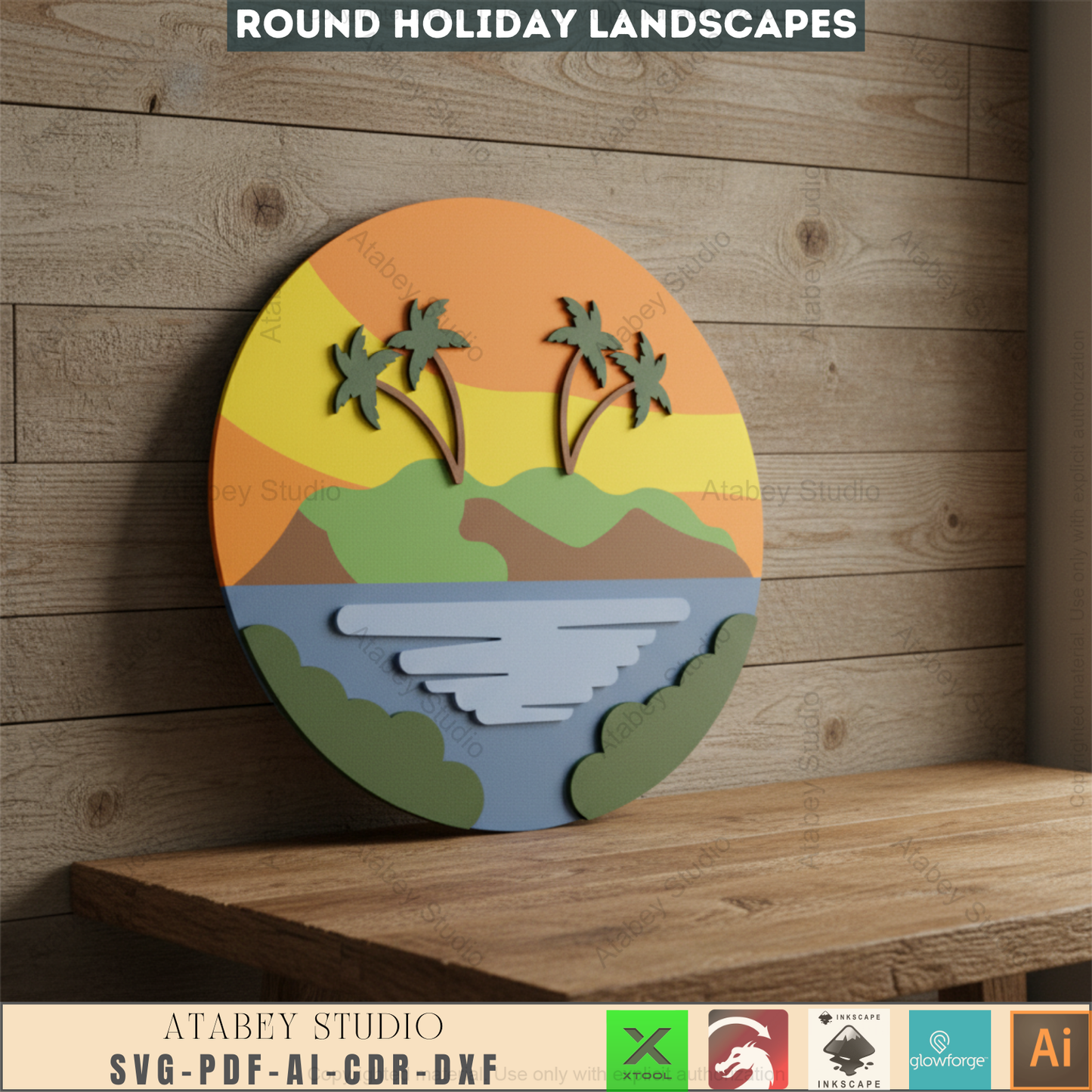 Tropical Paradise Laser Cut SVG | Round Beach Mountain Landscape Digital Files for Wall Decor | Instant Download 952