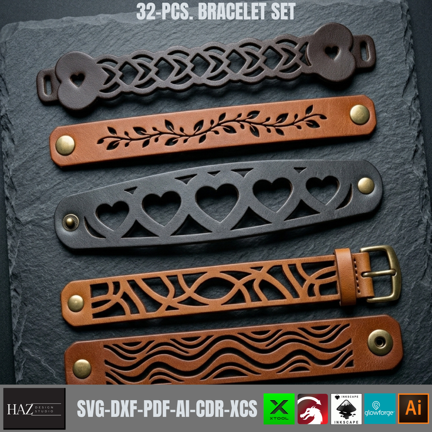 32 Pcs Leather Cuff Bracelet SVG Bundle, Laser Cut Templates , Geometric Pattern Wristband