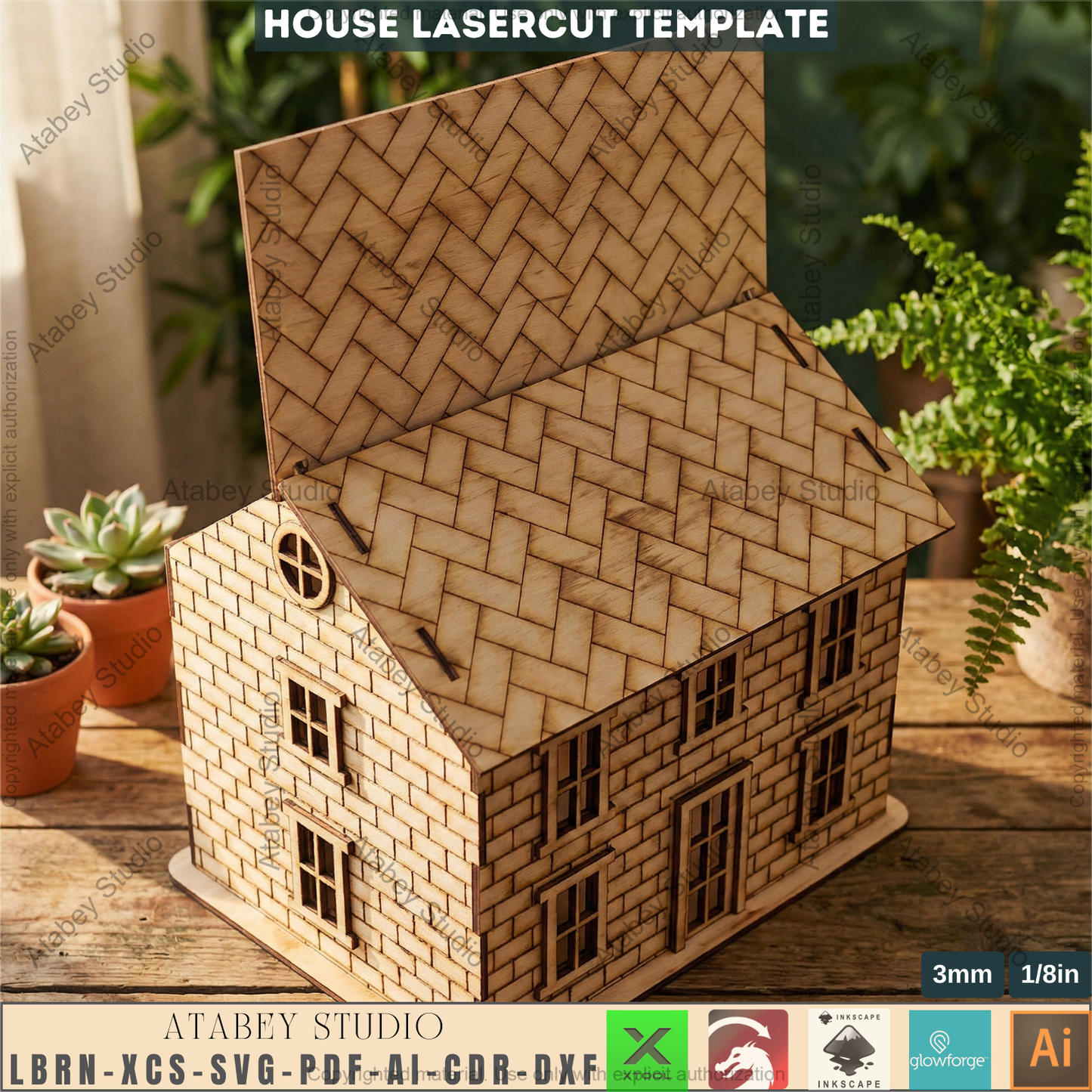Wooden Dollhouse Laser Cut Plan, Plywood Toy Home Template, CNC Model, Kids Play House Design, Hinged Roof Storage Box 265