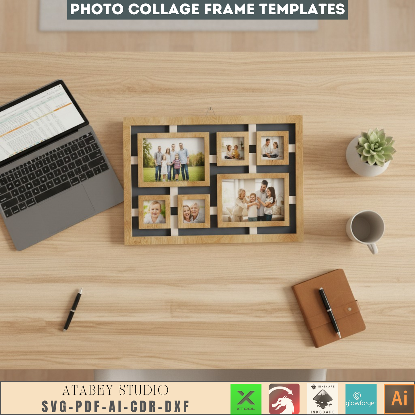 Customizable Family Photo Collage Frame SVG DXF Laser Cut File - Multi-Picture Template for Wood & Acrylic - DIY Gift