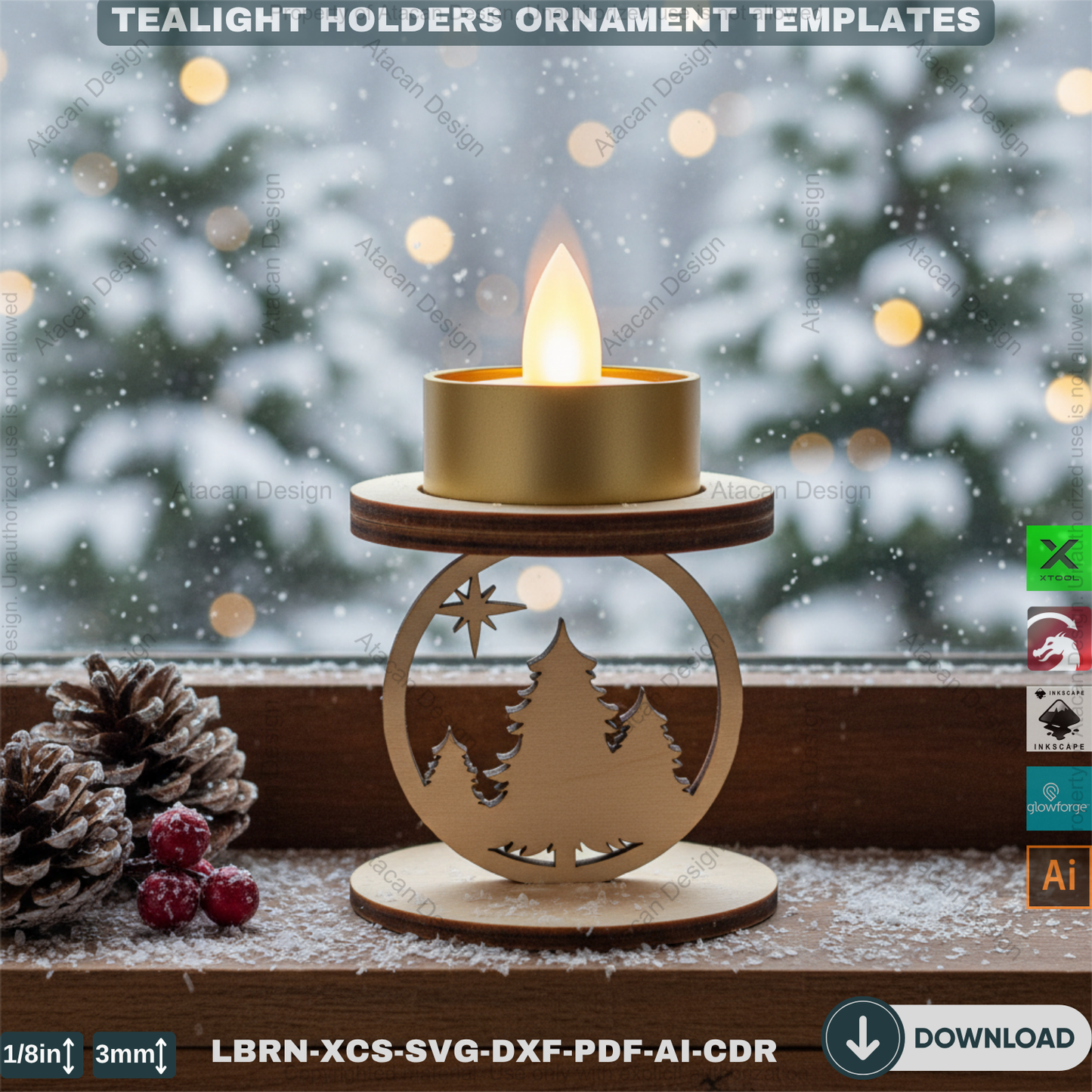 Snowflake Tealight Holder Set, Wooden Laser Cut Decor, Winter Candle Templates, Standing Tea Light Holders 907