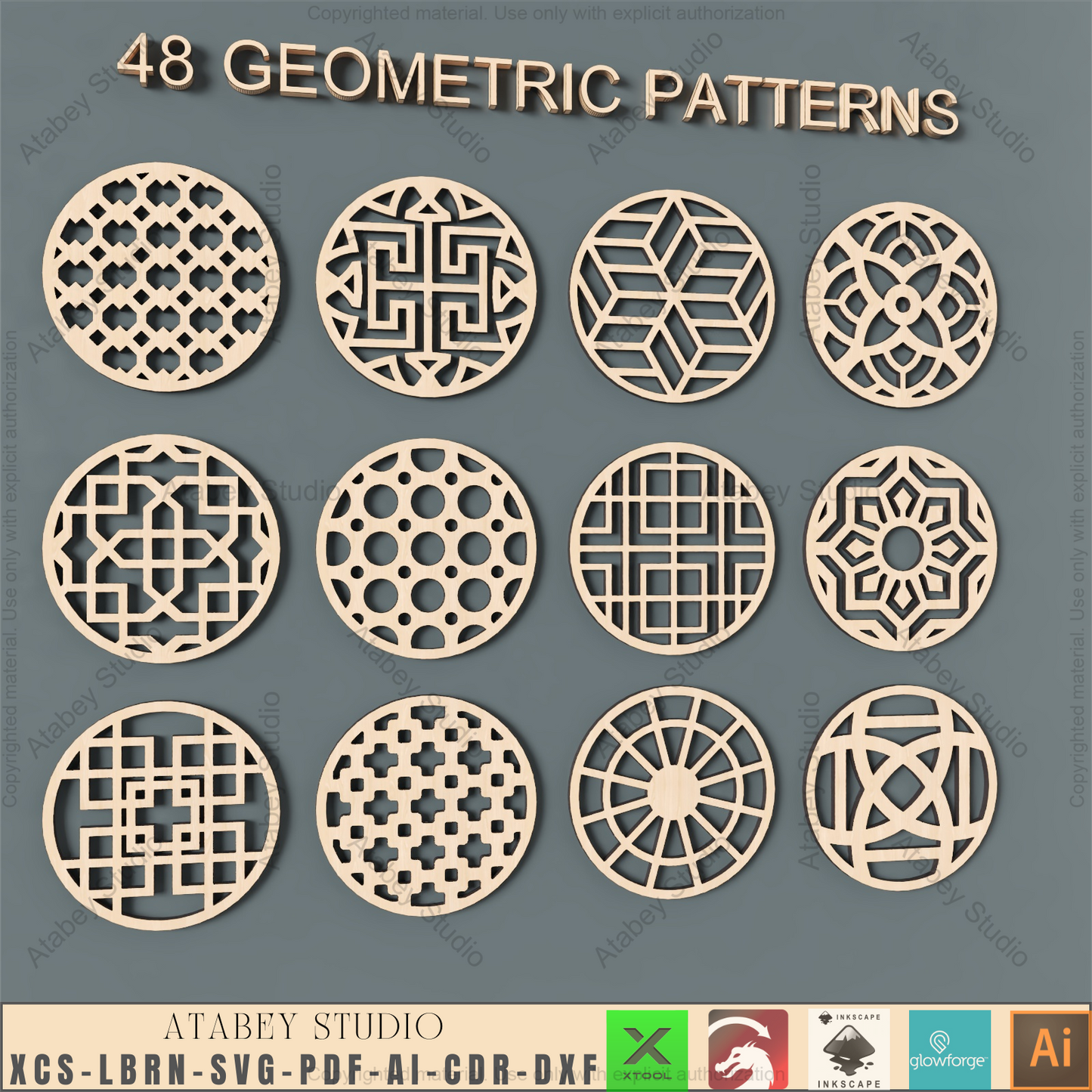 Laser Cut Design Pack: 48 Geometric Patterns | Decor, Coasters & Panel Files,Decorative Vector Art Bundle | 48 Square & Circle Laser Cut Templates 940