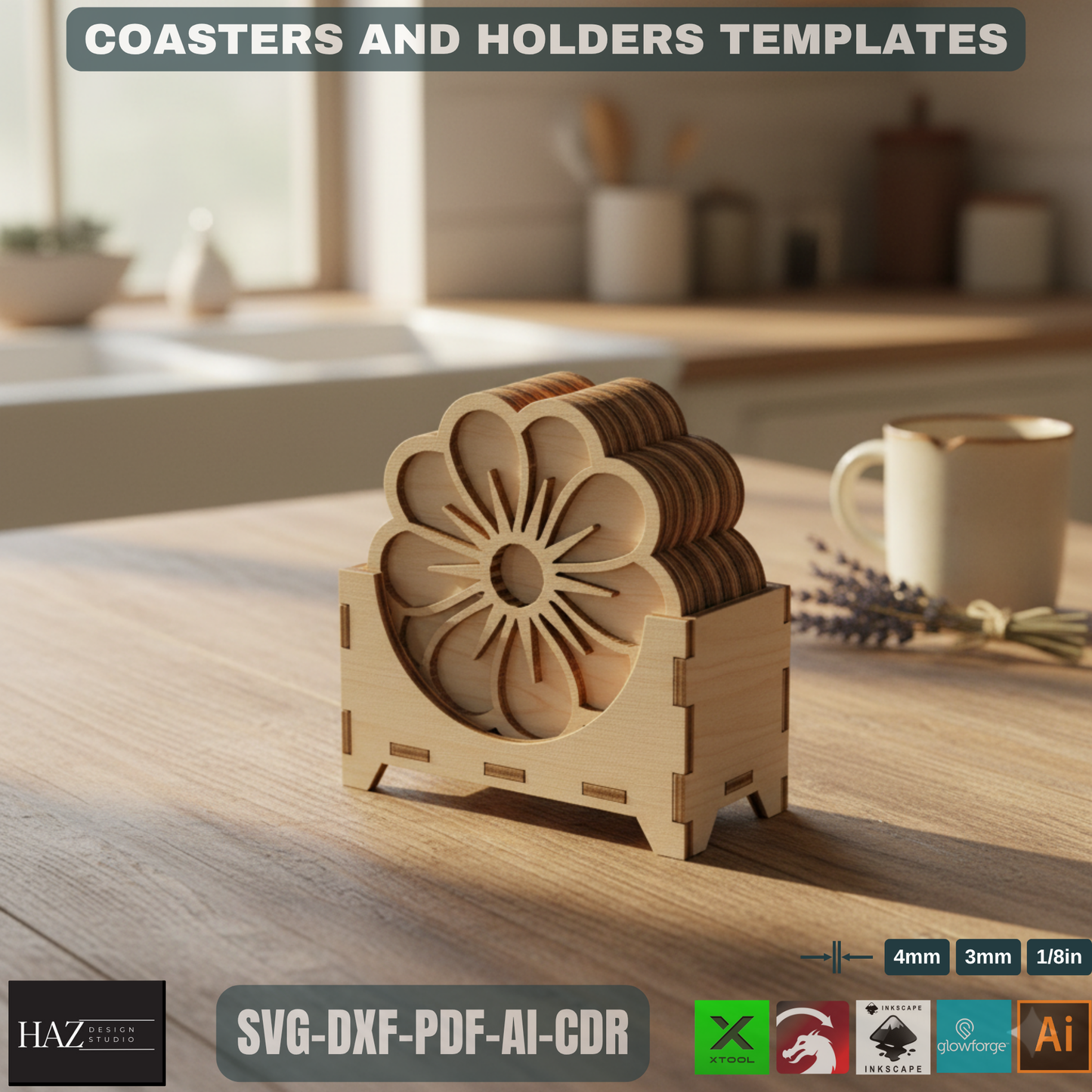 Floral Coaster Designs with Holder / Digital File for Laser Cutting / Decorative Coaster and Box Bundle 483