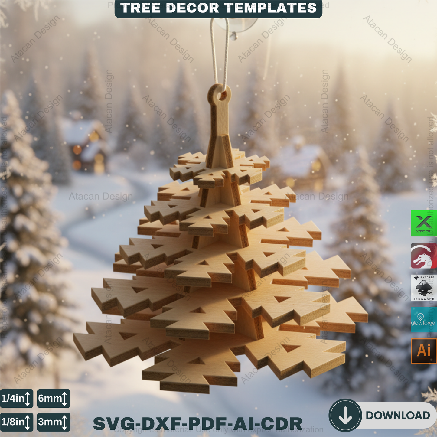 3D Christmas Tree Laser Cut File, Rustic Snowflake Holiday Decor, DIY Winter Tabletop Centerpiece for Glowforge & xTool 908