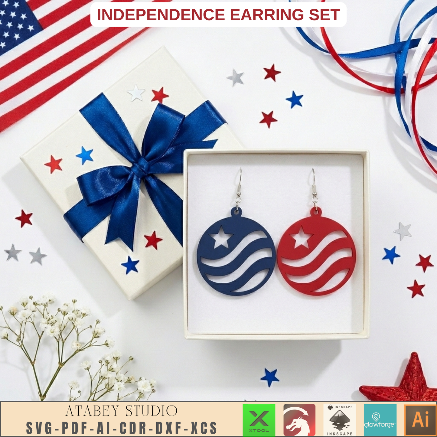 Patriotic Earring Laser Cut Template July Fourth Jewelry Design USA Flag Theme Veteran Gift