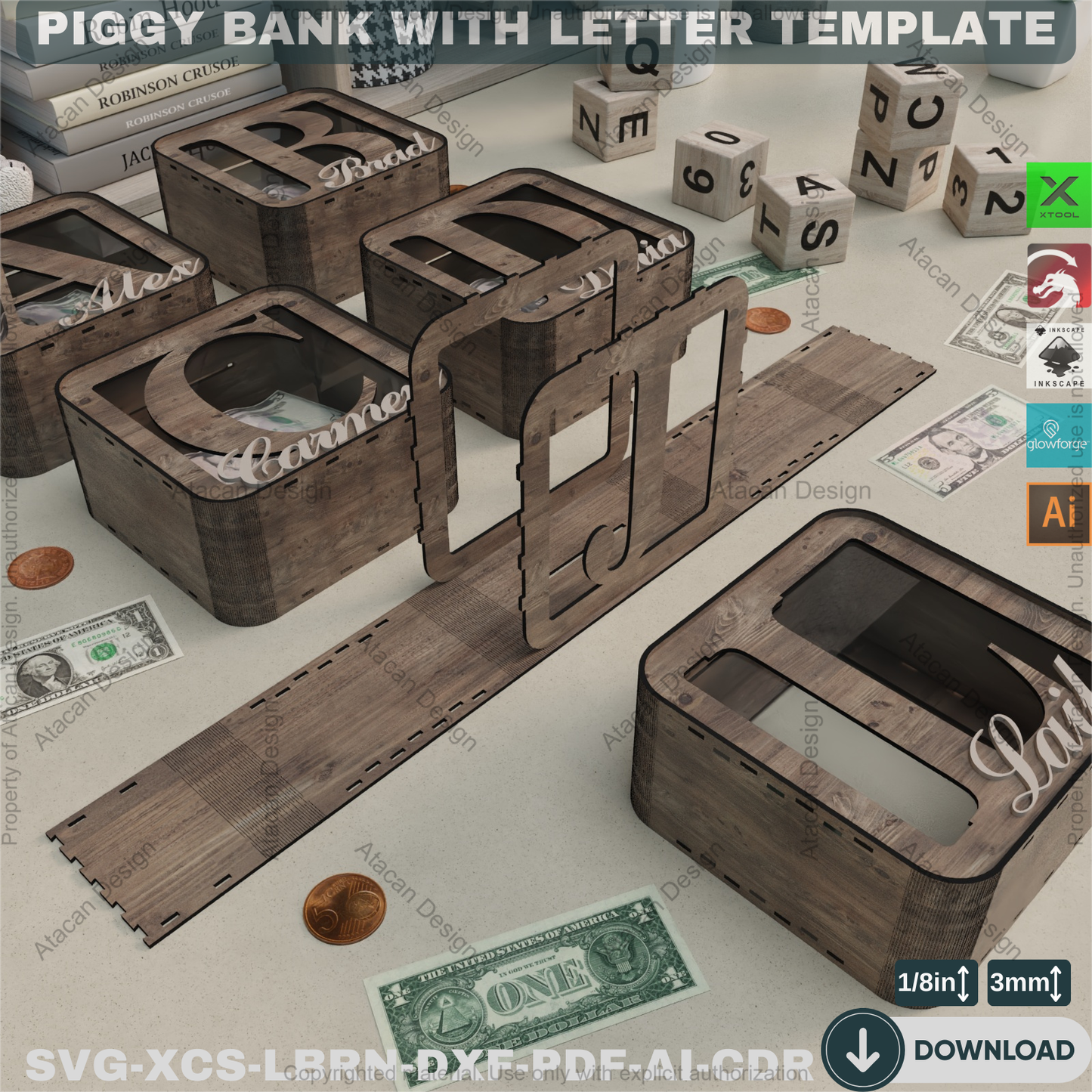 Rustic Letter Piggy Bank - Laser Cut Template - Wooden Coin Bank - Baby Shower - Custom Decor 875