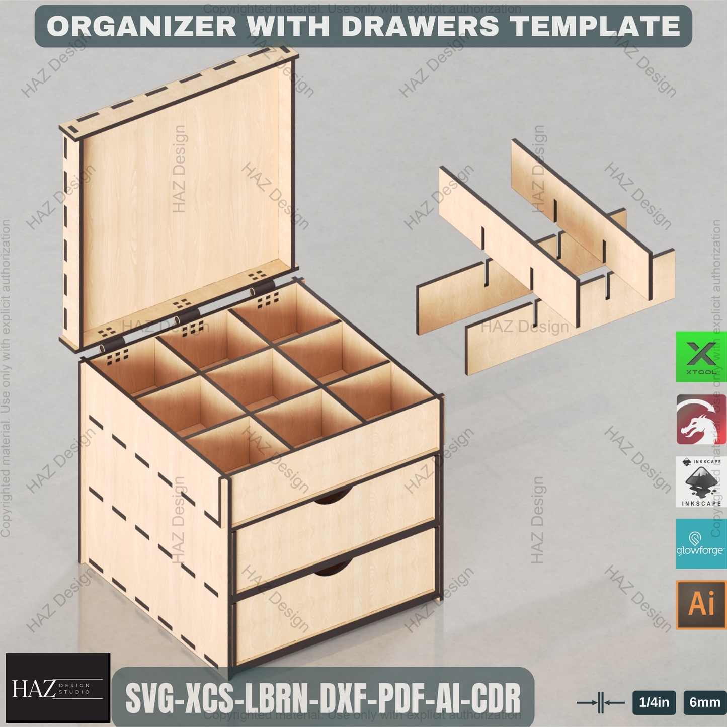 Laser Cut Organizer Box Plan with Drawers. Wooden Jewelry or Desk Storage Design 444