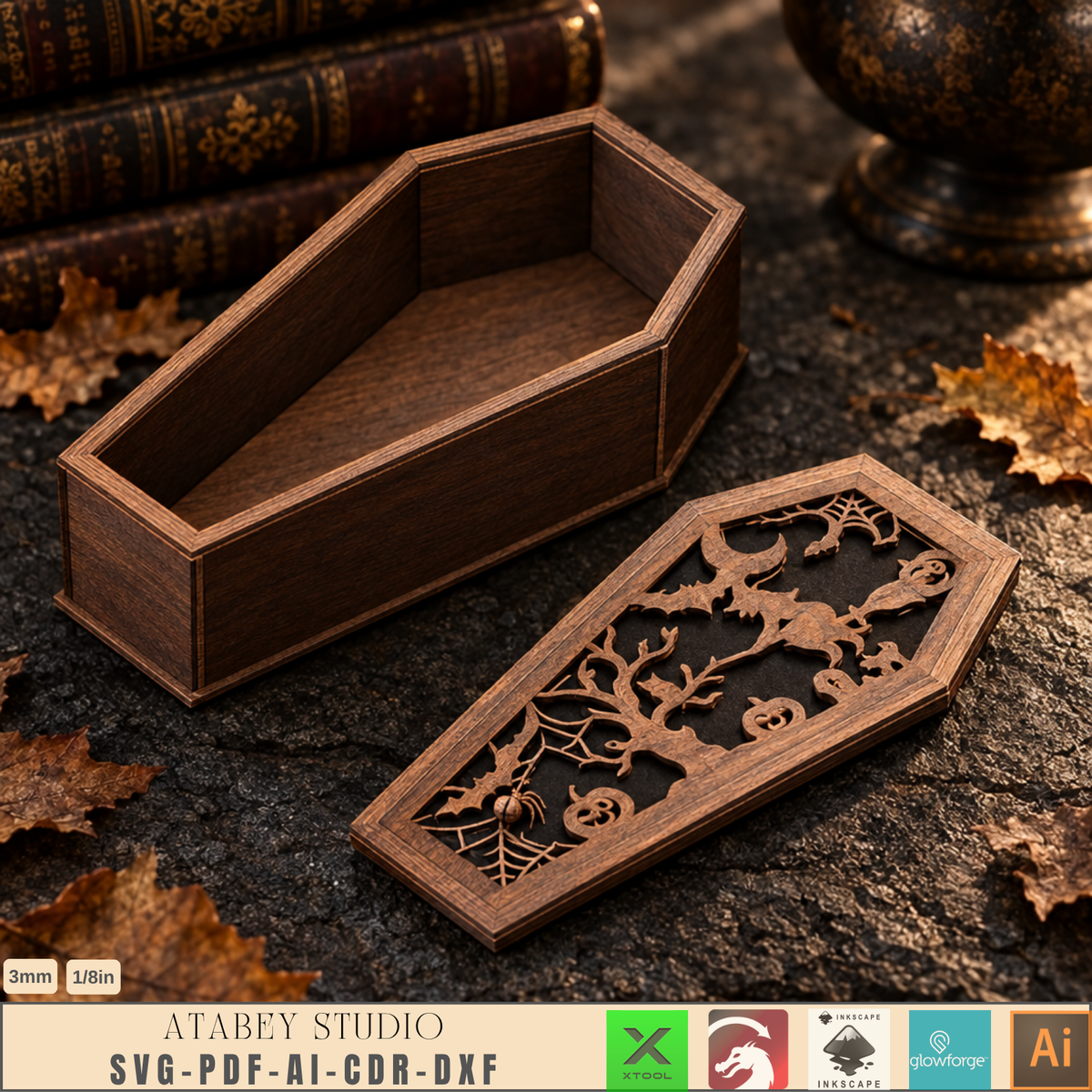 Halloween Coffin Box Laser Cut Bundle, Gothic Wooden Keepsake Casket, Trick or Treat Candy Box 1025
