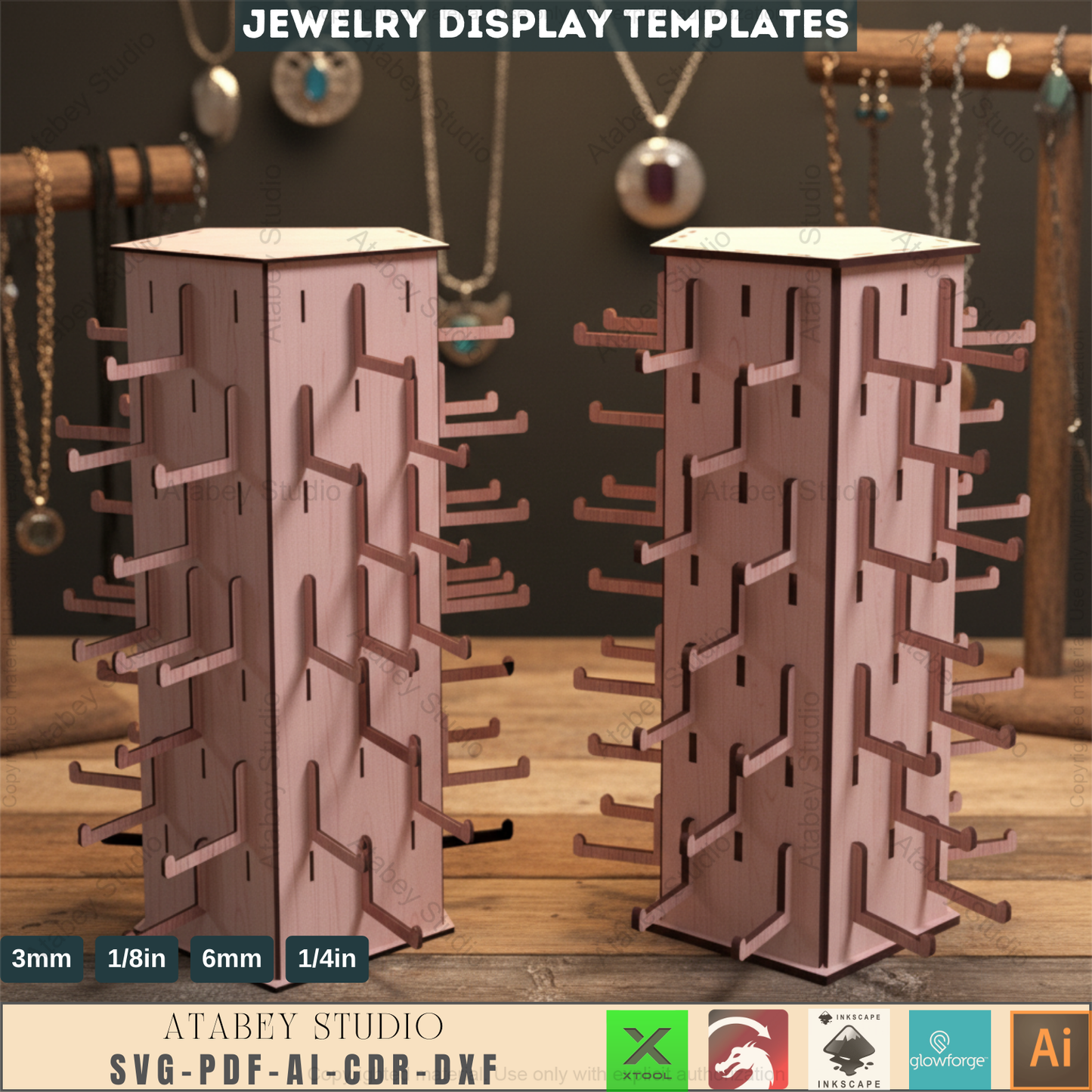 Pentagon Earring Display / Pendant Jewelry Holder Stand / Necklace Ring Holders / Keychain Organiser / Laser Cut Files SVG, DXF, CDR 550
