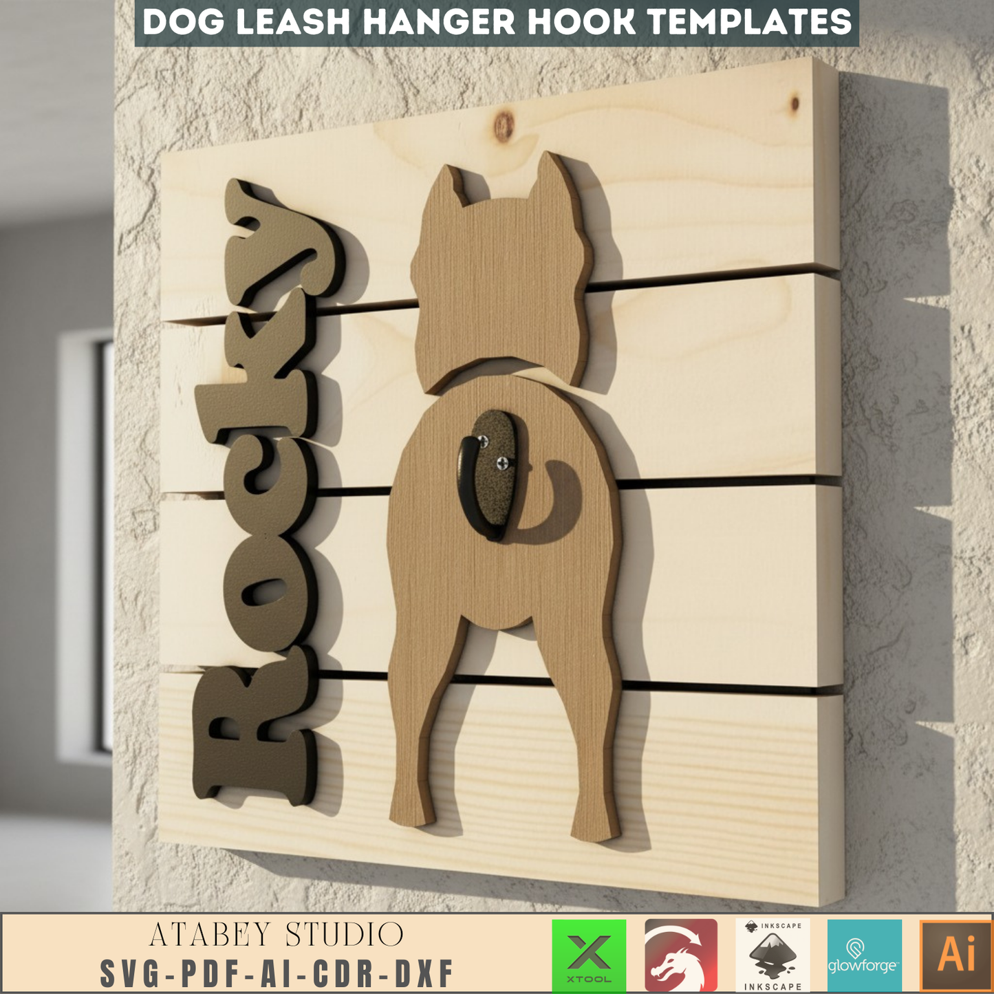 Personalized Dog Leash Holder SVG | Custom Pet Leash Hanger Laser Cut File | Dog Butt Wood Sign Digital Template for Xtool Glowforge