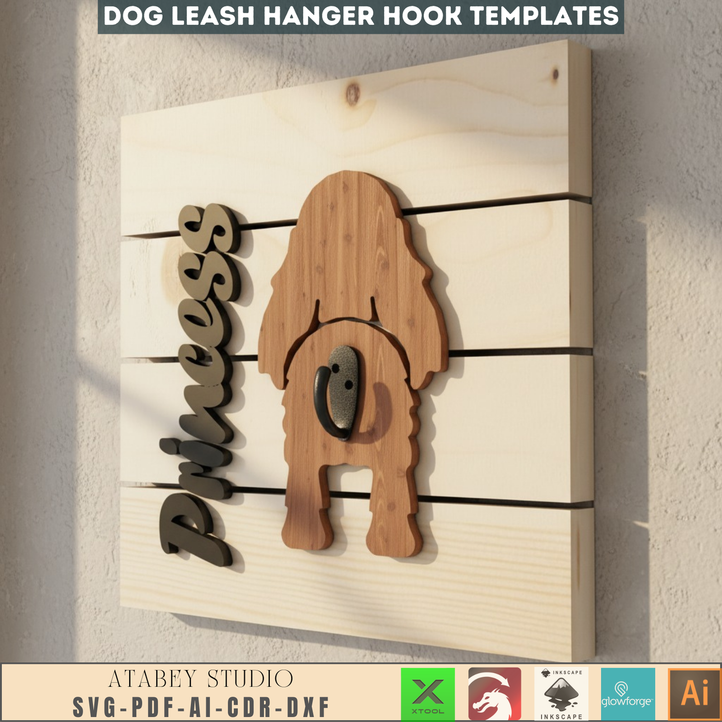 Personalized Dog Leash Holder SVG | Custom Pet Leash Hanger Laser Cut File | Dog Butt Wood Sign Digital Template for Xtool Glowforge