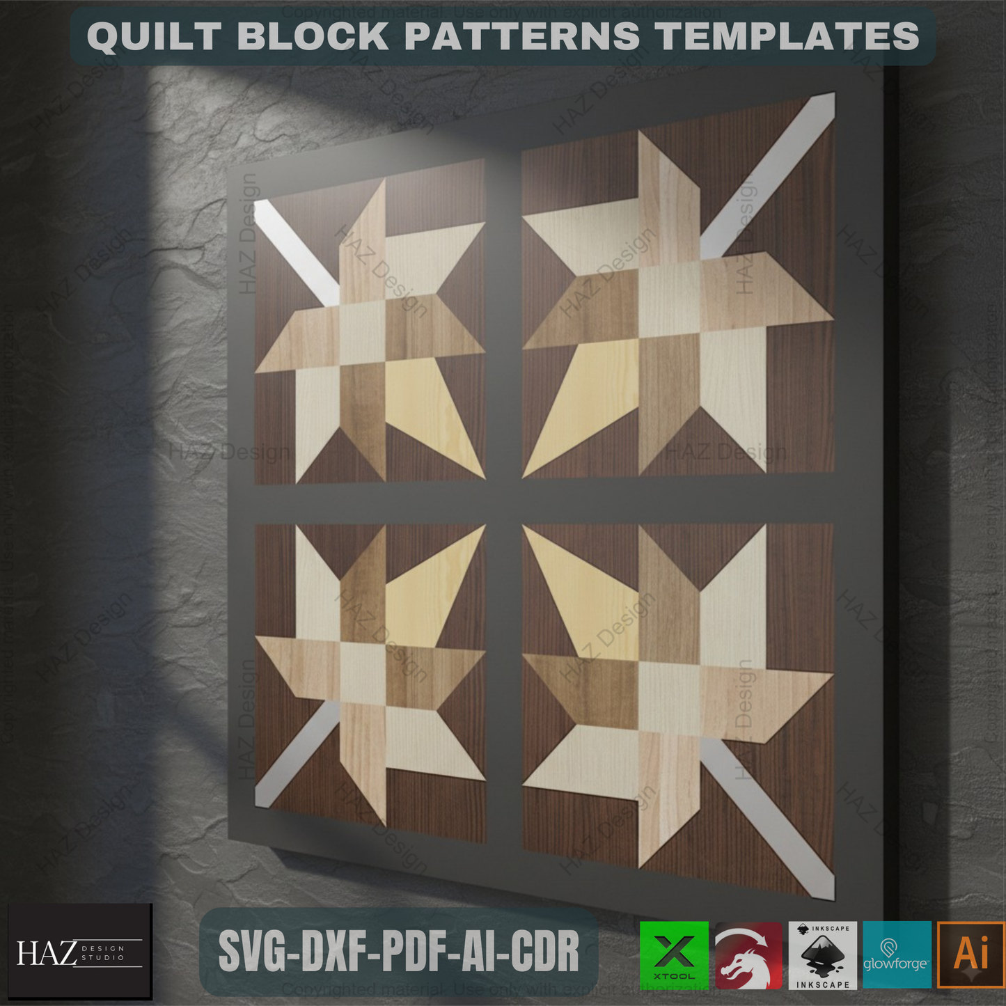 Laser Cut Quilt Block SVG Bundle, Digital Quilt Pattern Templates, Geometric Wood Wall Art Files, Farmhouse Decor DXF 474