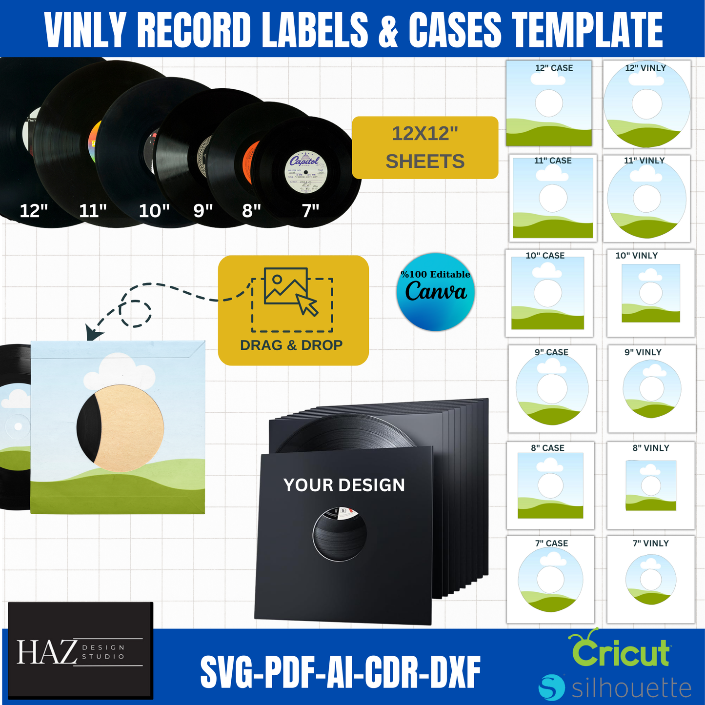 Editable Vinyl Record Cover Label Templates | Perfect for Cricut & Silhouette | 7"-12" Vinyl Size Options 378