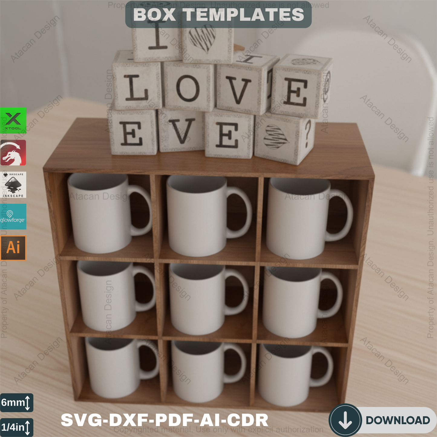Two Sizes Mug Display Box - Cup Storage Organizer, DIY Kitchen Decor - Wooden Box Laser Project 567