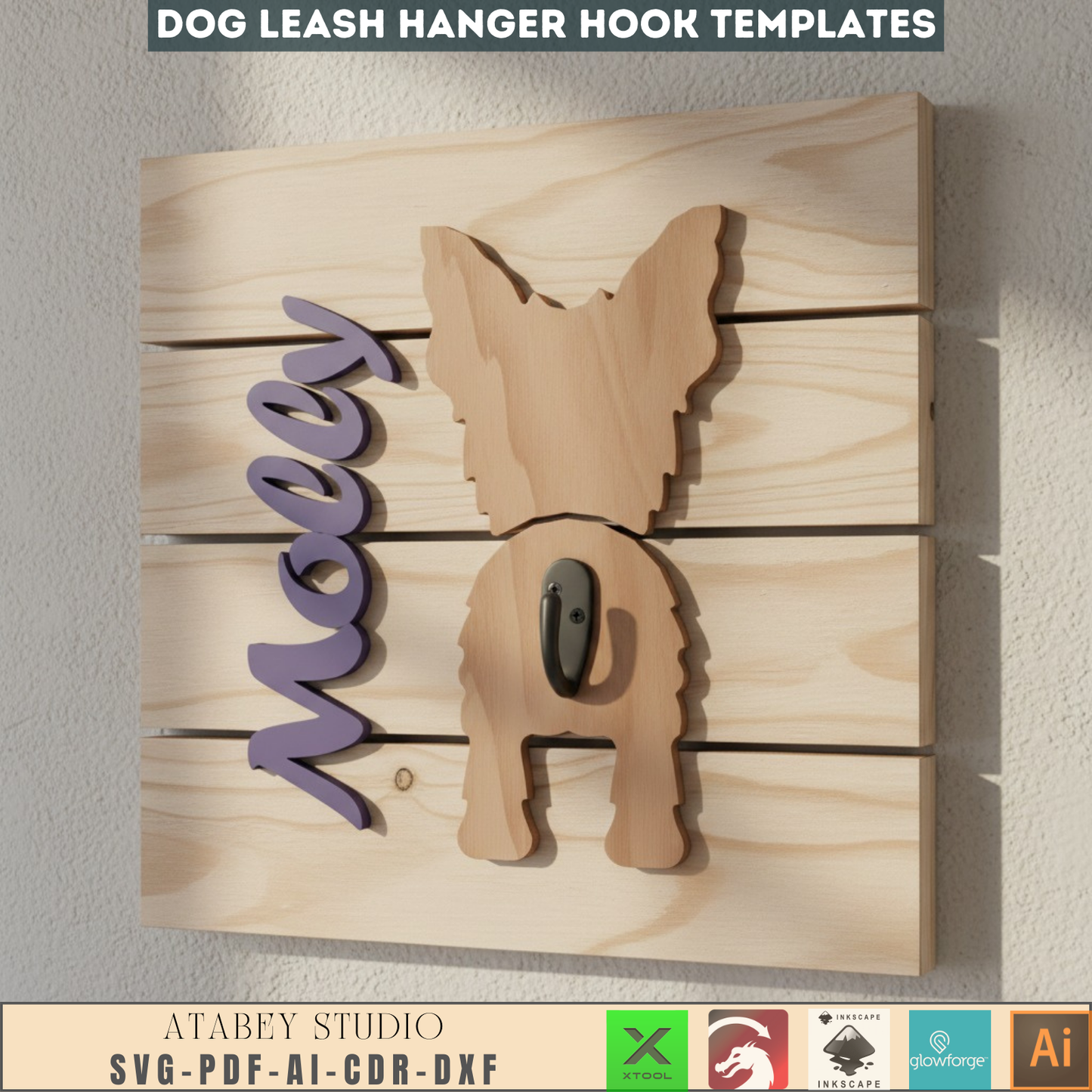 Personalized Dog Leash Holder SVG | Custom Pet Leash Hanger Laser Cut File | Dog Butt Wood Sign Digital Template for Xtool Glowforge
